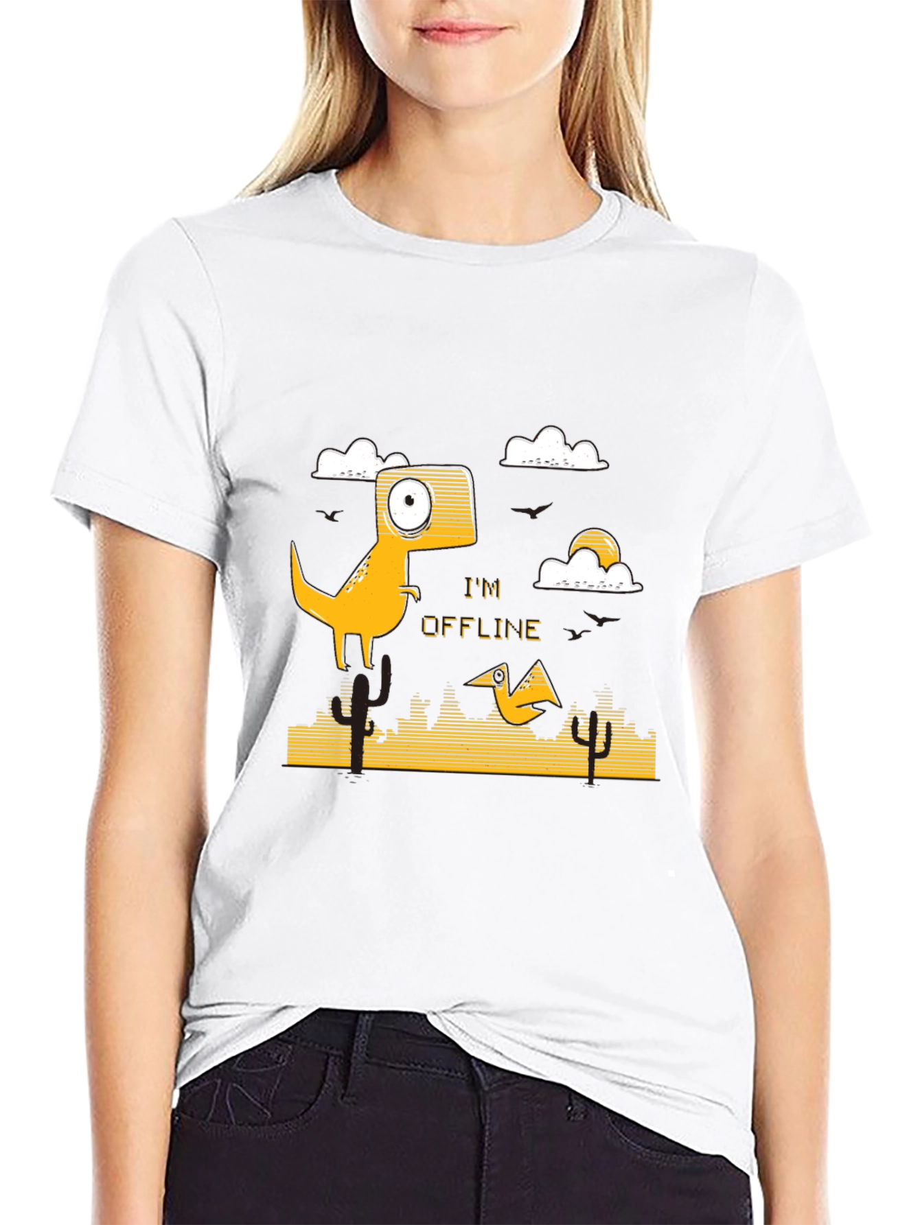 Black I'm Offline T-Shirt - Dinosaur Design - Black view 9