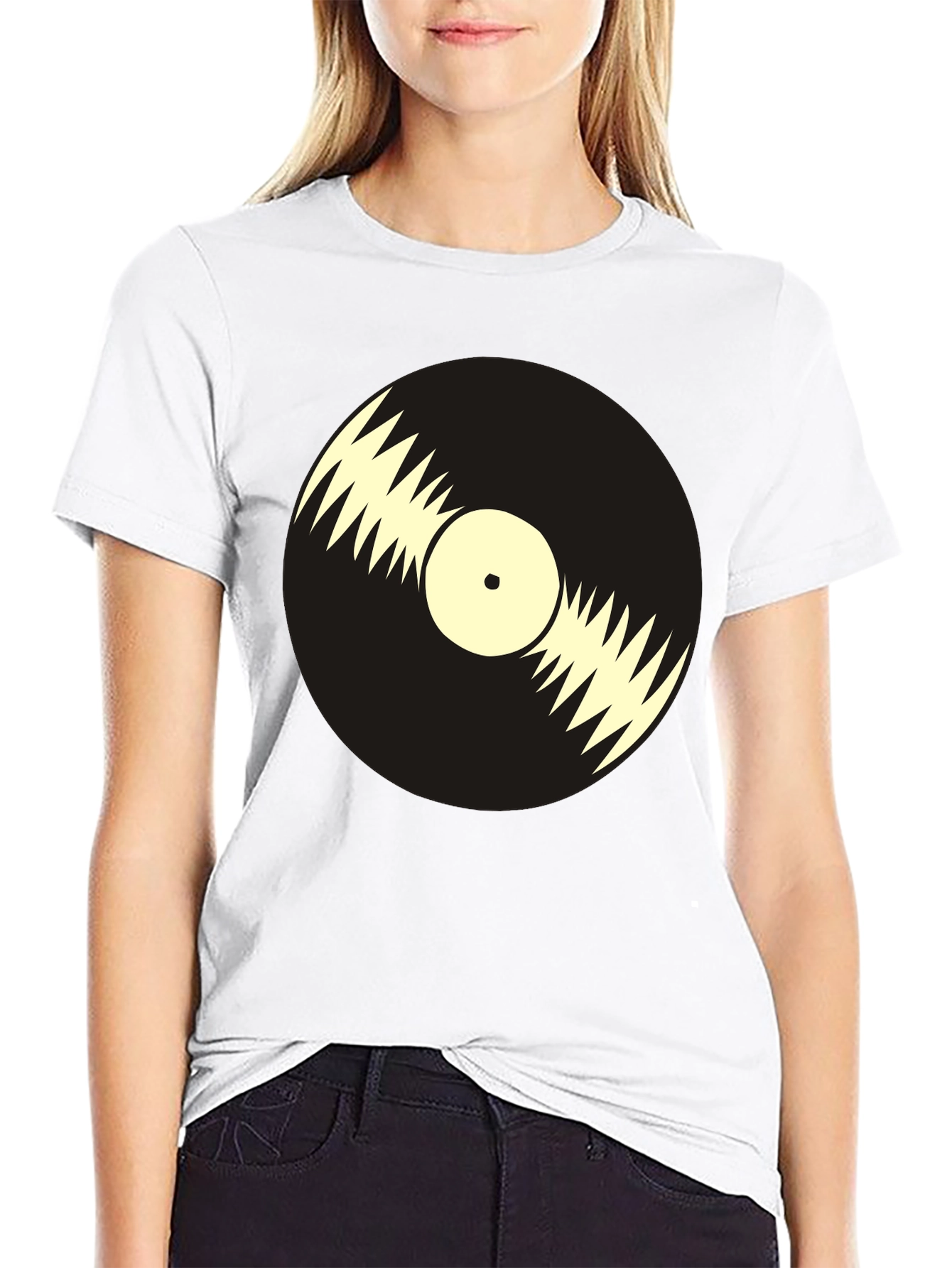 Black Retro Vinyl Record Graphic Tee - Black Cotton T-Shirt view 9