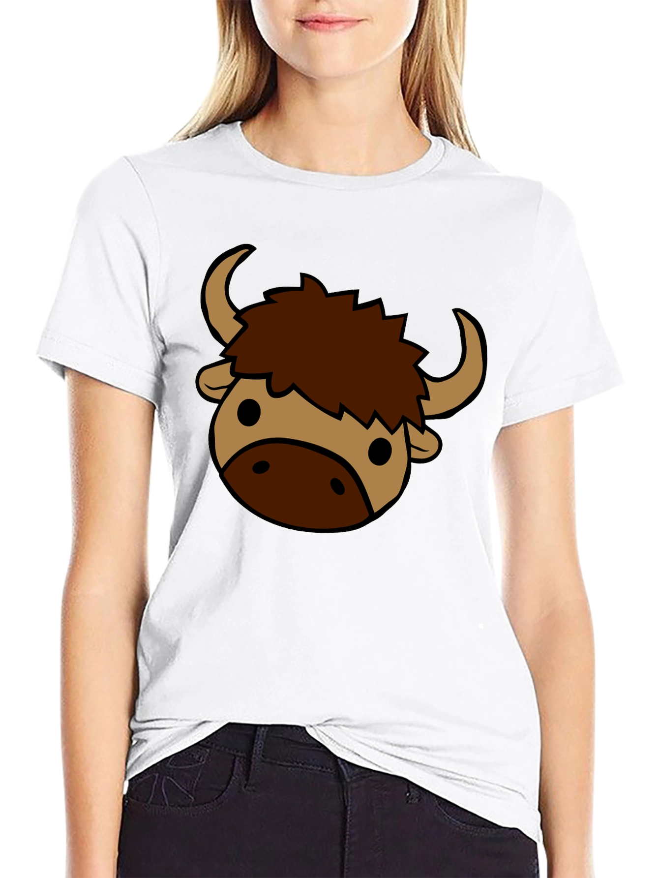 Black Cartoon Yak Graphic Tee - Black Cotton T-Shirt view 9