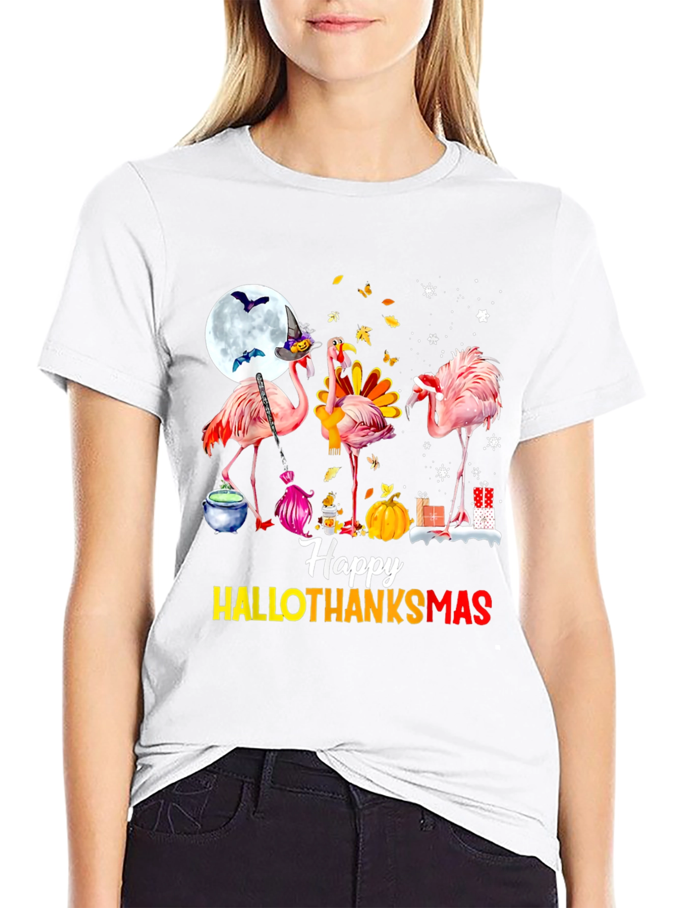 Black Happy HALLOTHANKS Christmas Flamingo T-Shirt view 9