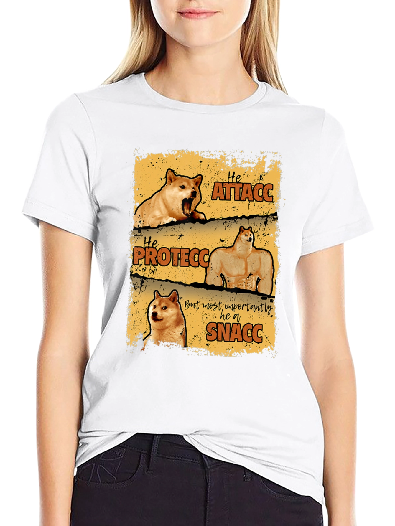 Black He Protecc Attacc Snacc Doge Meme T-Shirt view 9