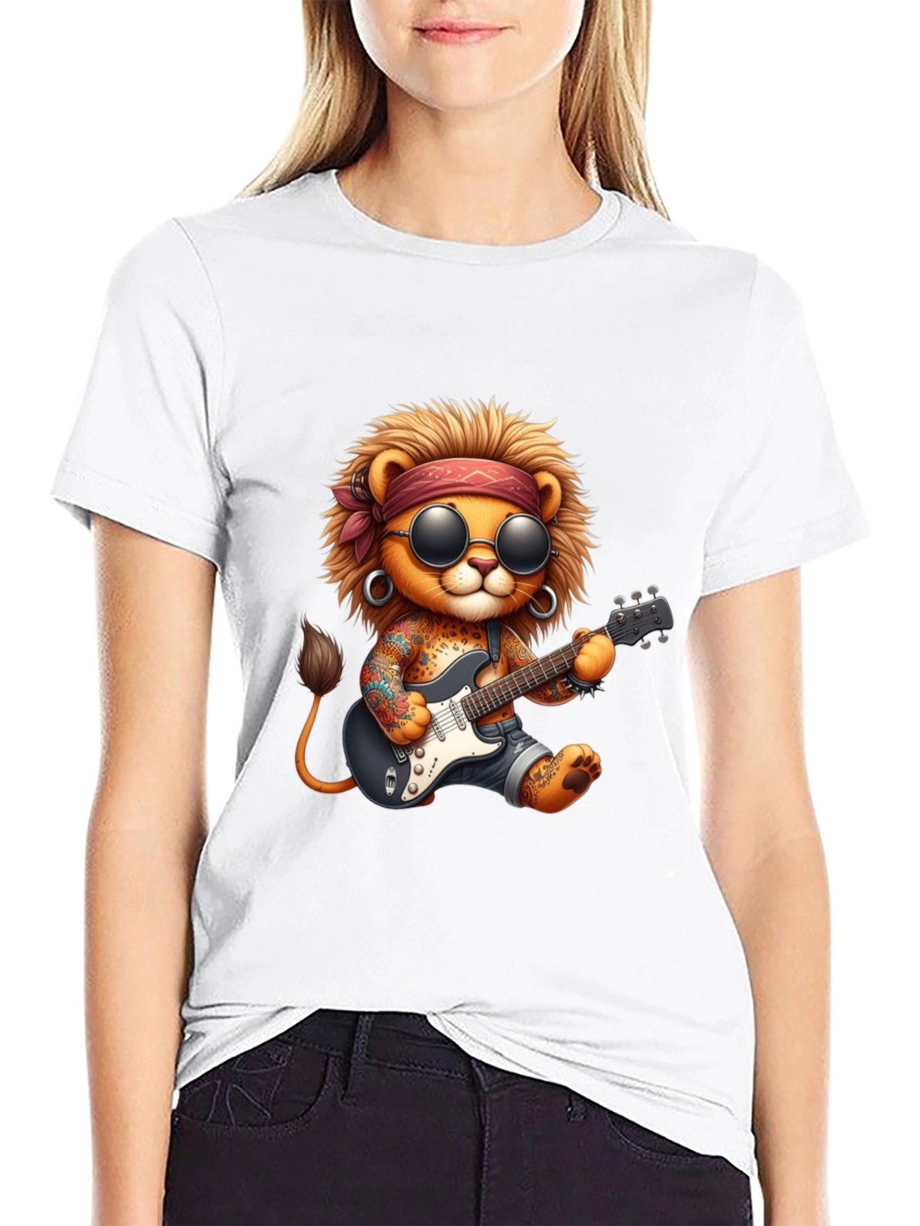 Black Cool Lion Guitarist Graphic Tee view 9