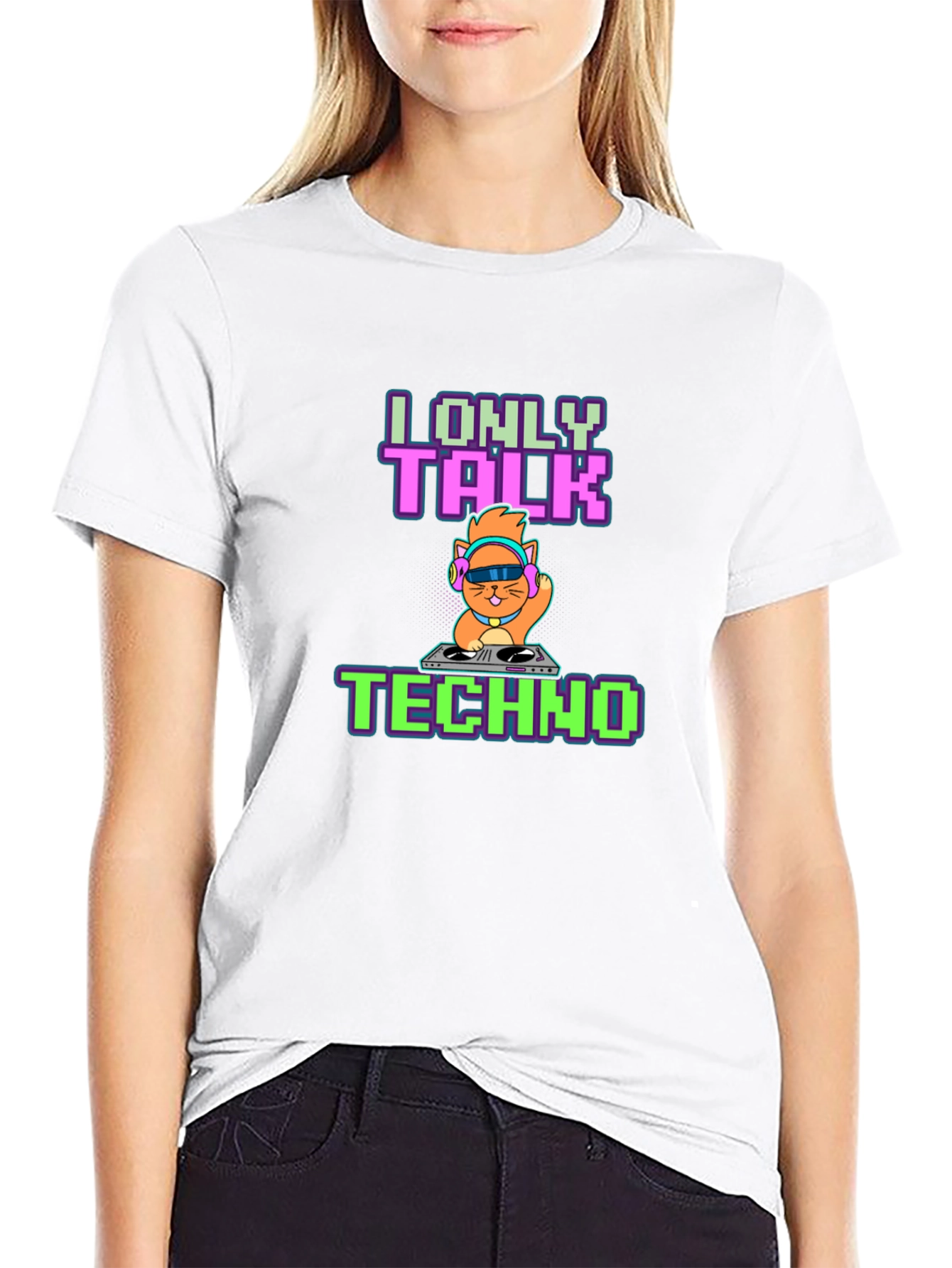 Black I Only Talk Techno DJ Cat Graphic Tee - Black view 9