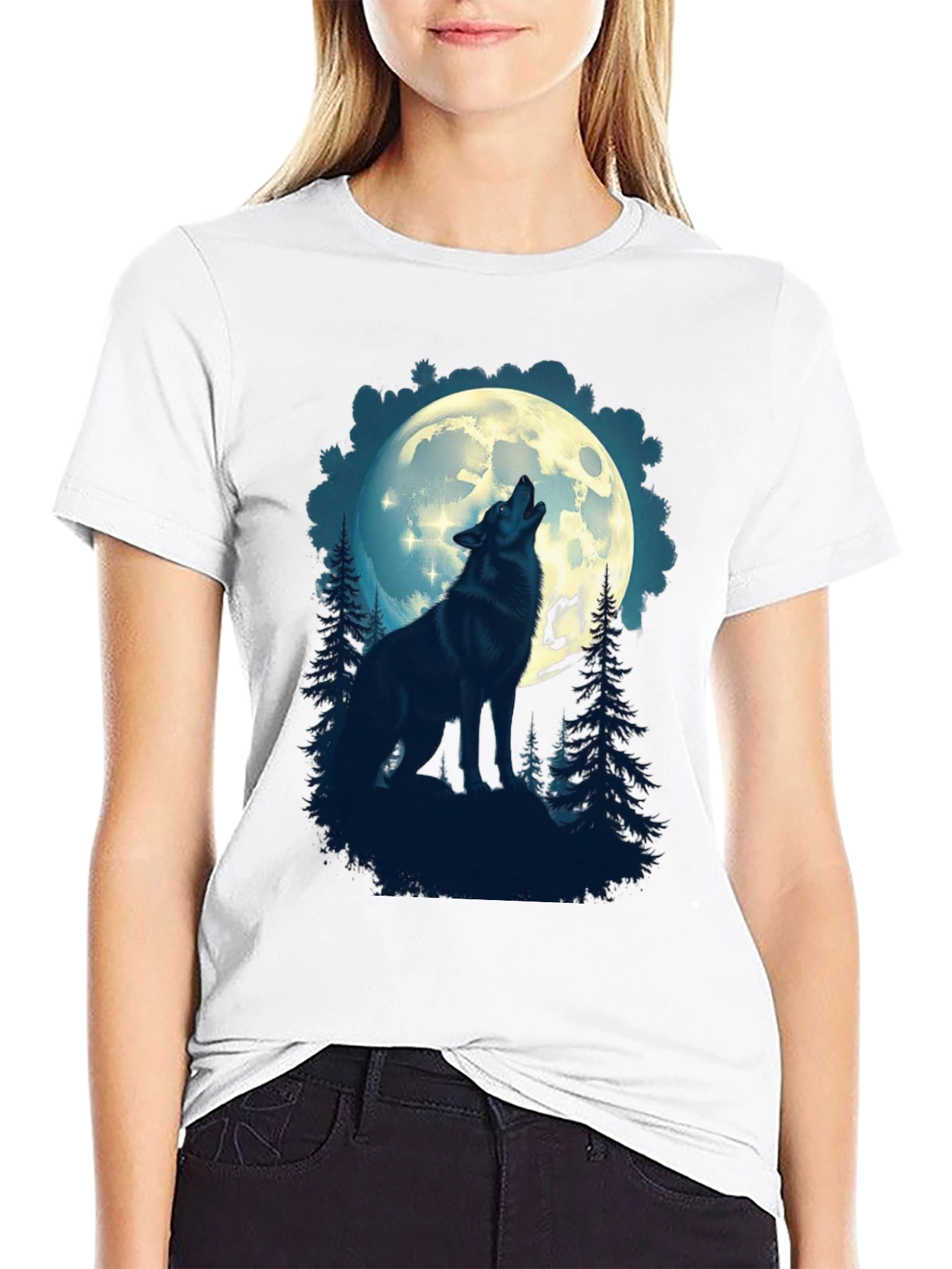 Black Wolf Howling at Moon Graphic T-Shirt view 9