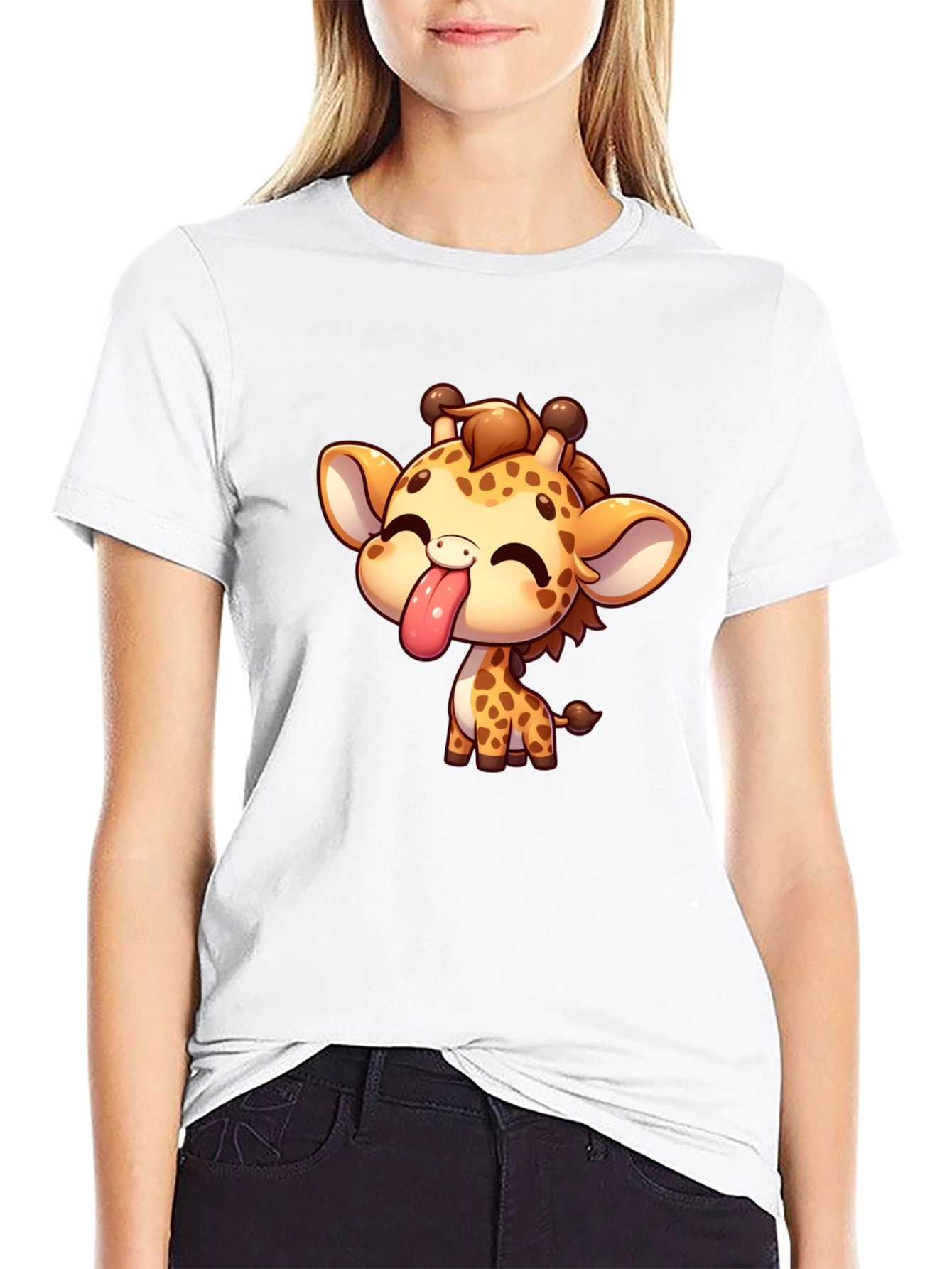 Black Cute Cartoon Giraffe Black T-Shirt view 9