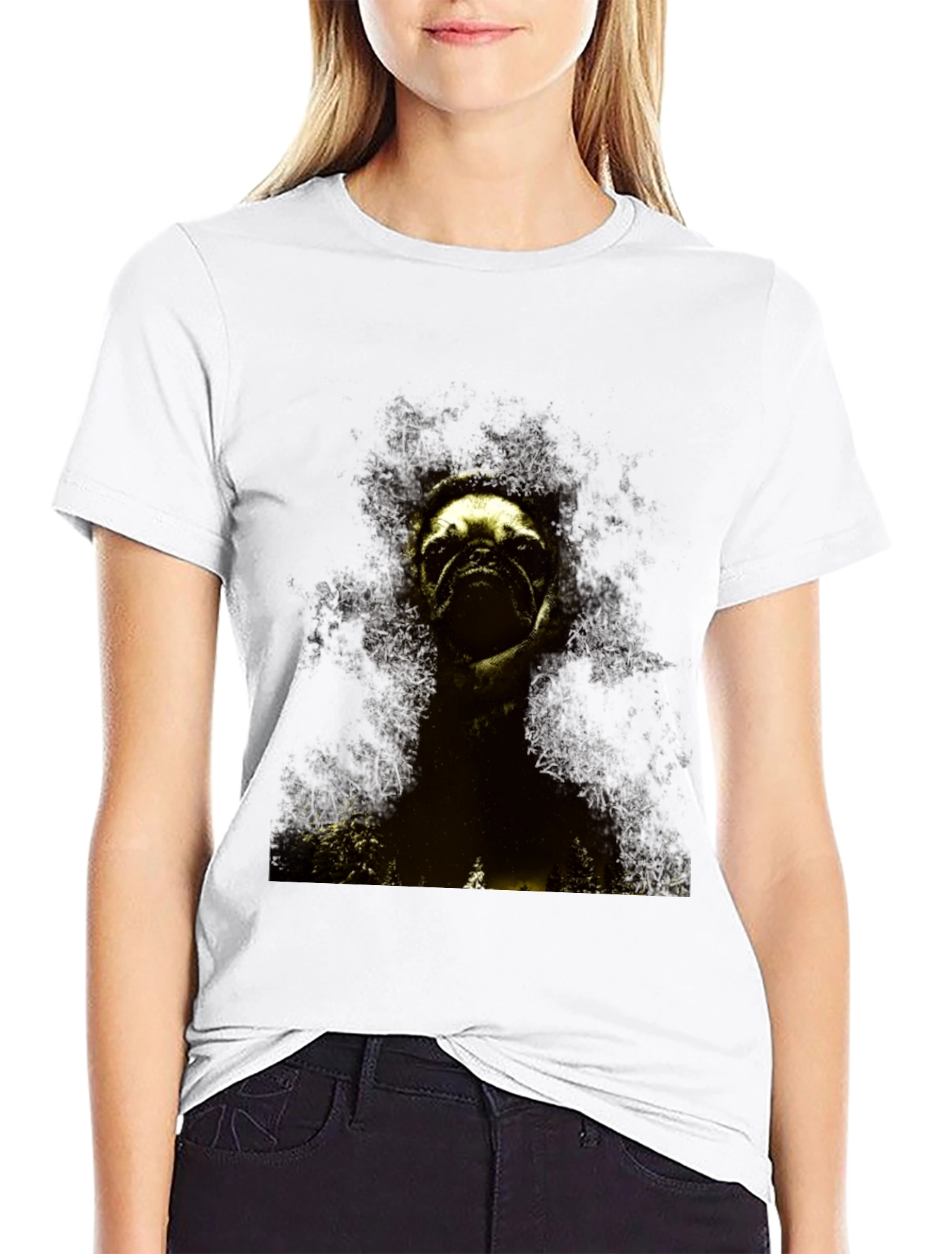 Black Pug in the Woods Black T-Shirt view 9