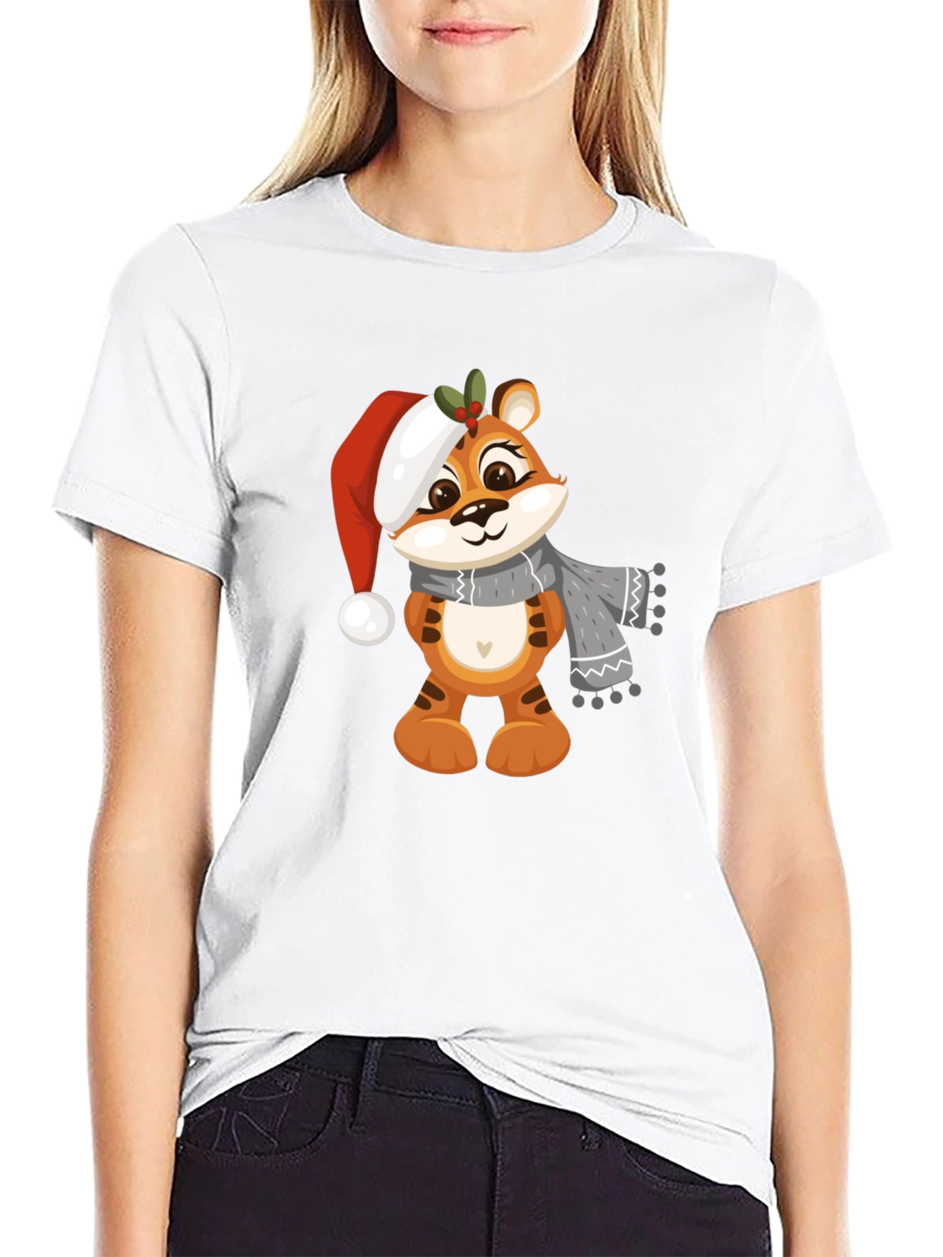 Black Cute Cartoon Tiger Christmas T-Shirt view 9