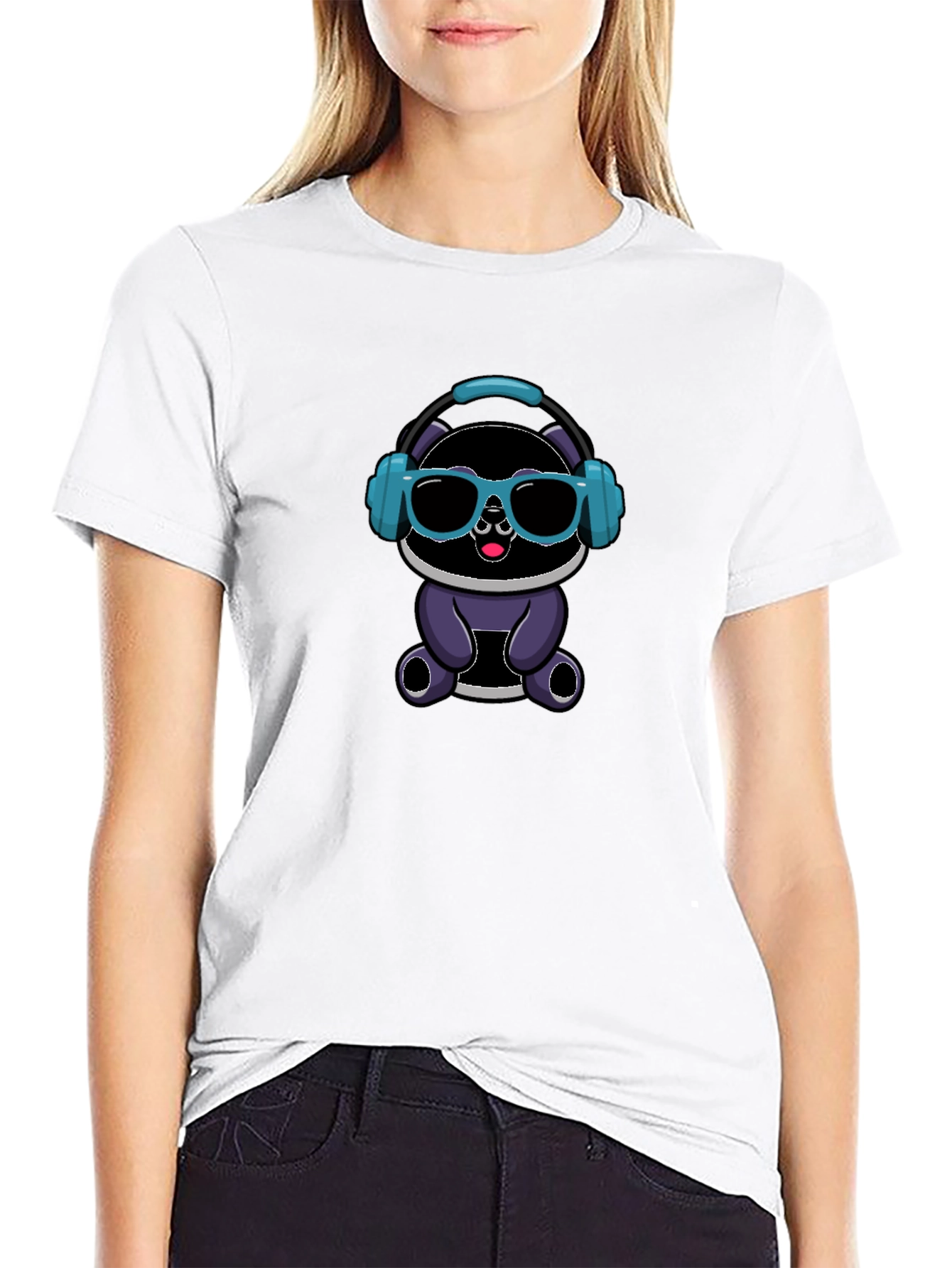 Black Cool Cartoon Panda with Headphones Black T-Shirt view 9