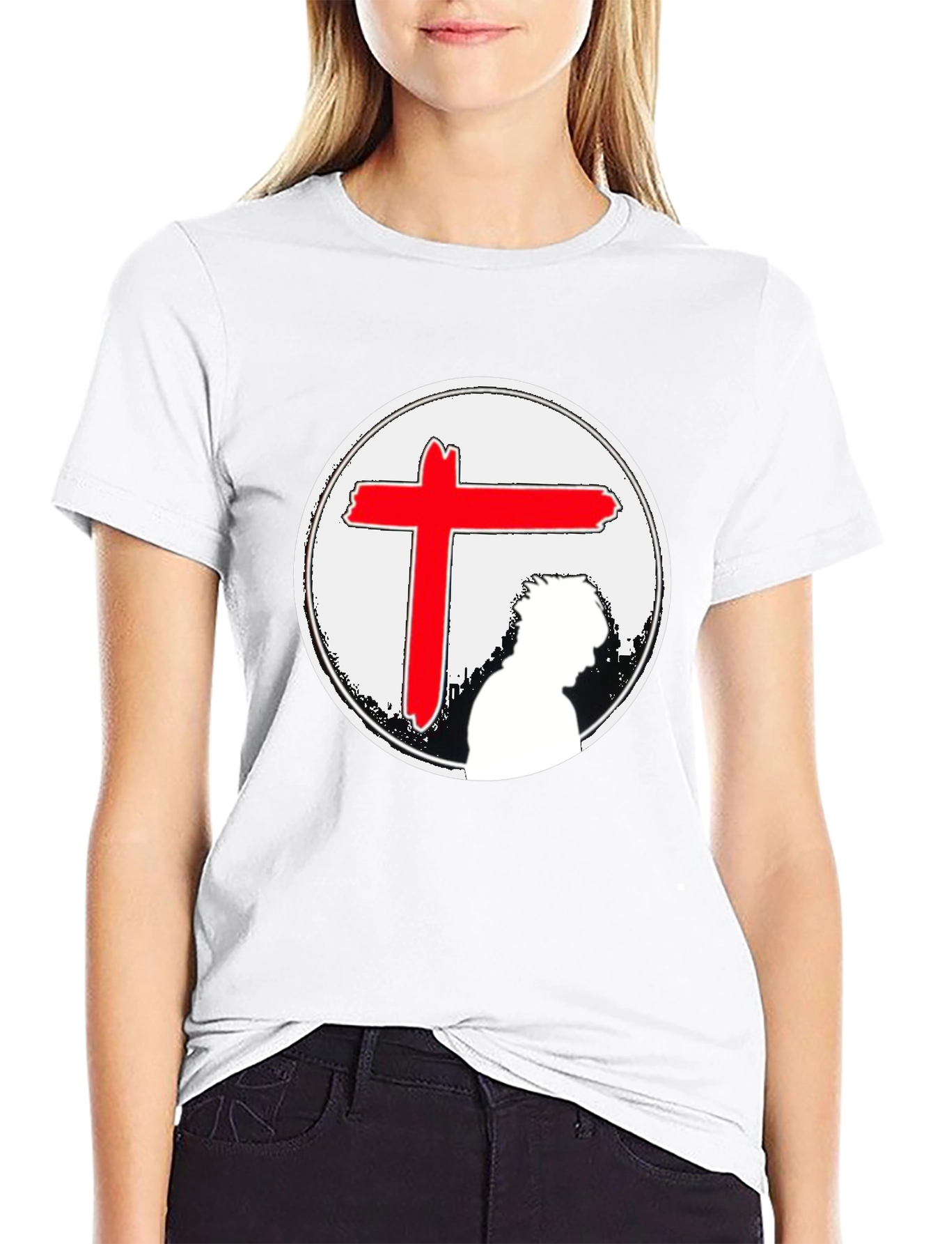 Black Graphic Tee with Red Cross & Figure view 9