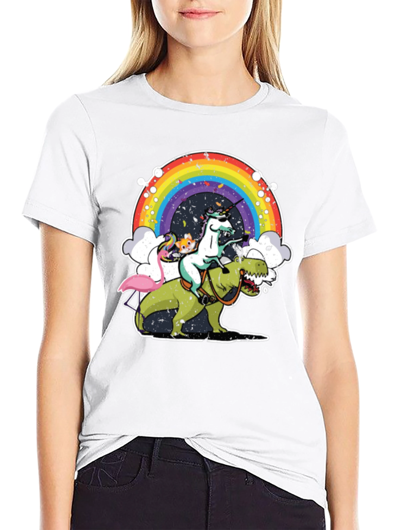 Black Unicorn Riding Dino T-Shirt Rainbow Funny Novelty Tee view 9