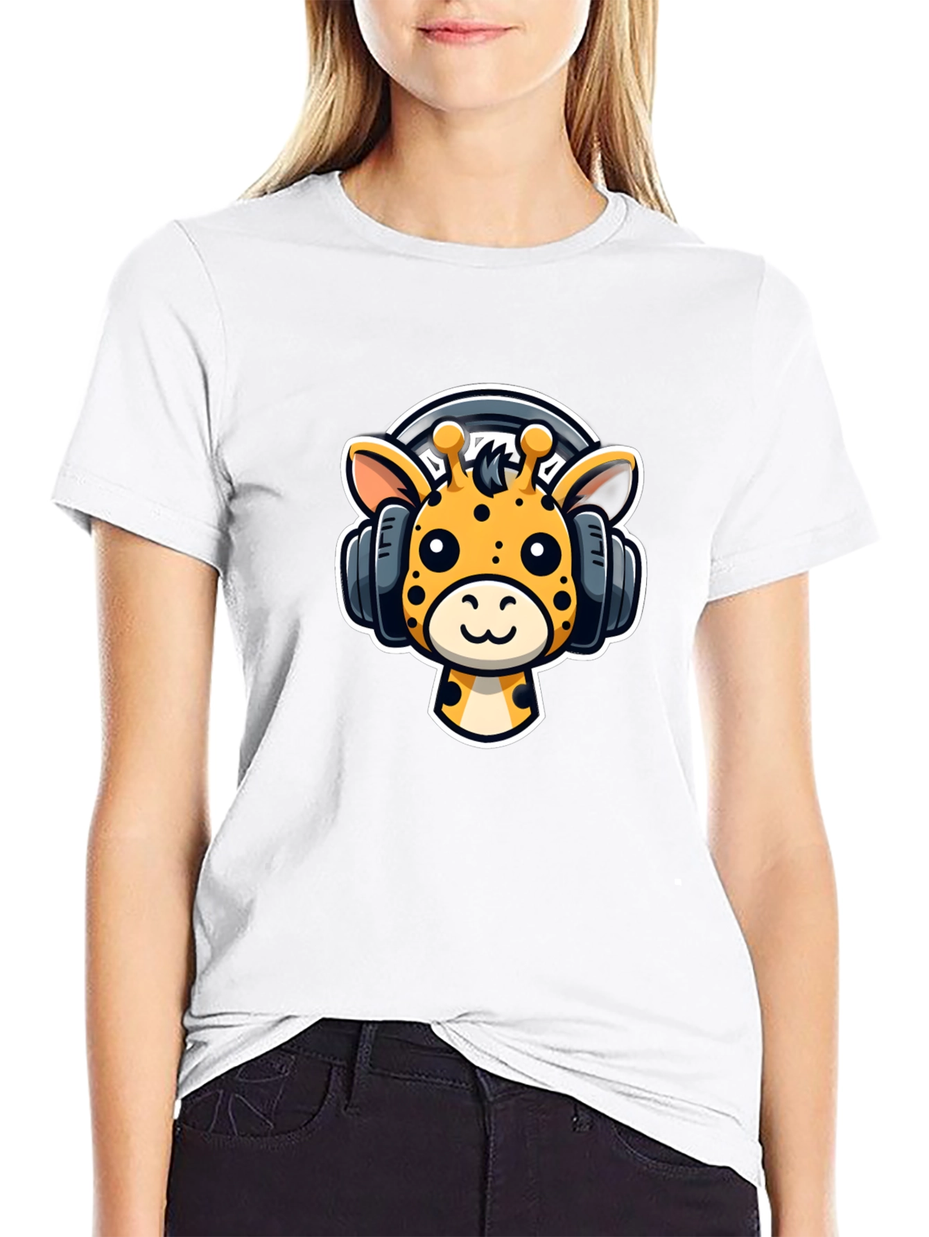 Black Cartoon Giraffe Headphones Graphic T-Shirt view 9