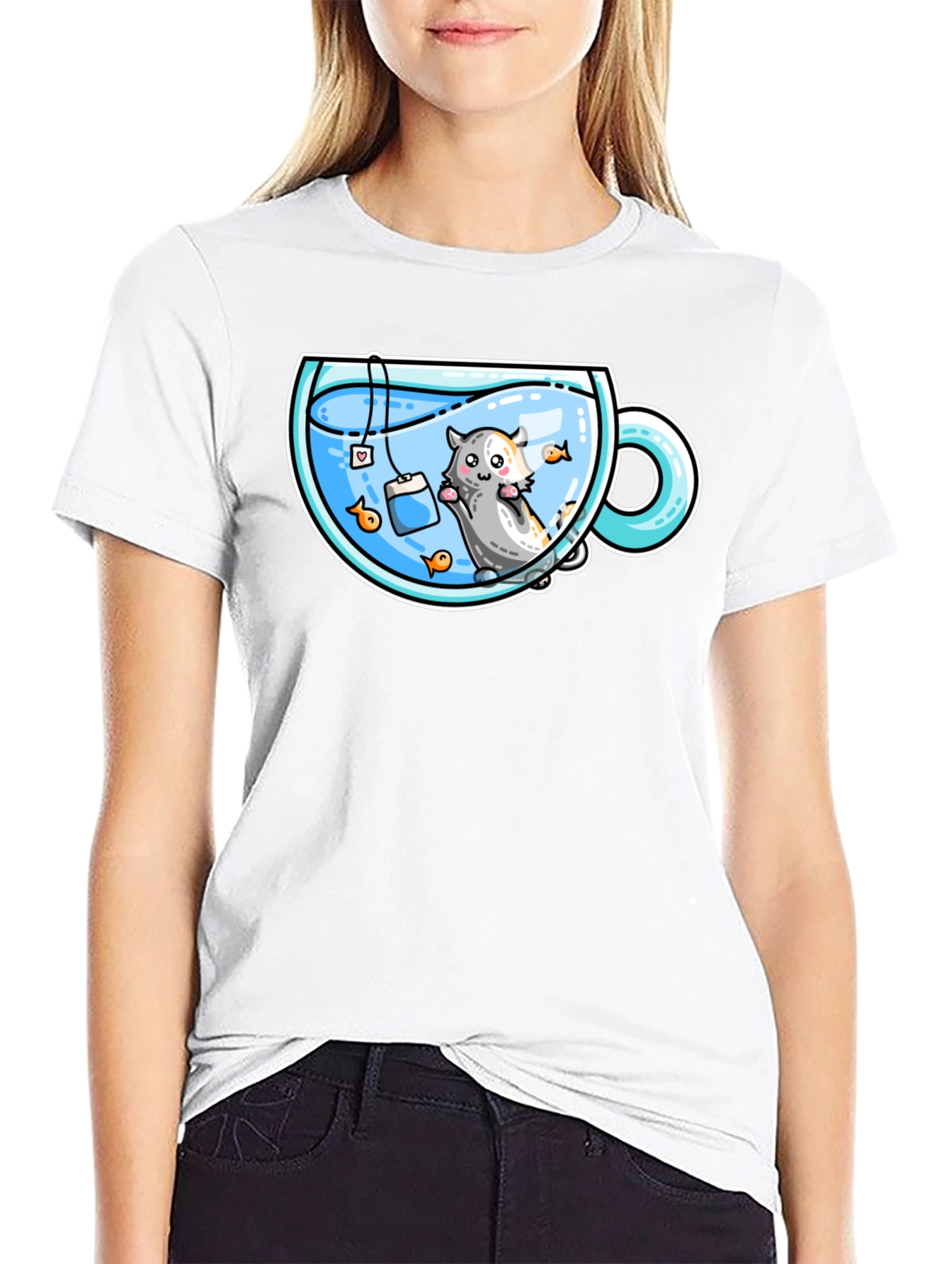 Black Cute Cartoon Tea Cup Hamster Graphic Tee view 9