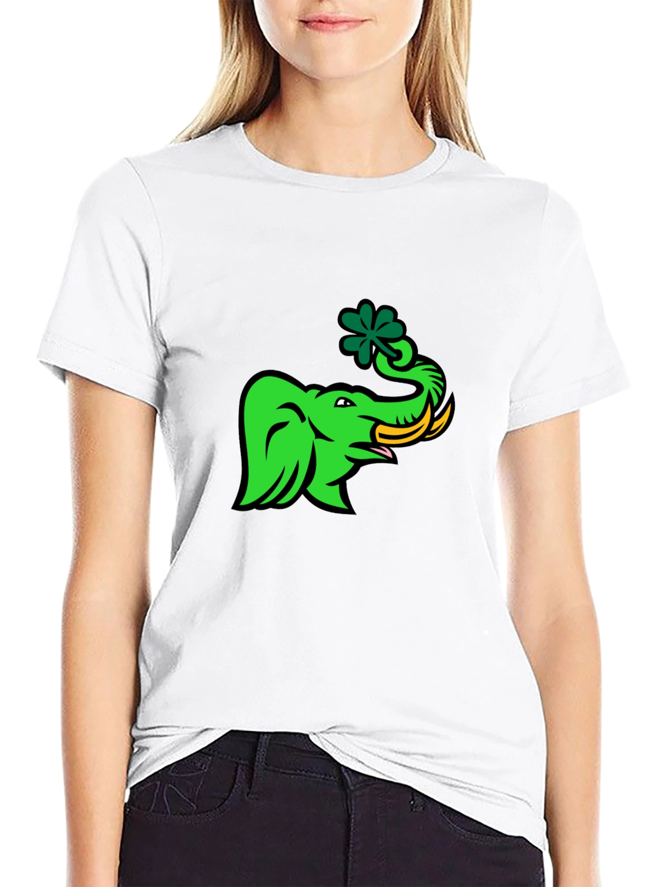 Black Green Elephant with Shamrock Graphic T-Shirt view 9