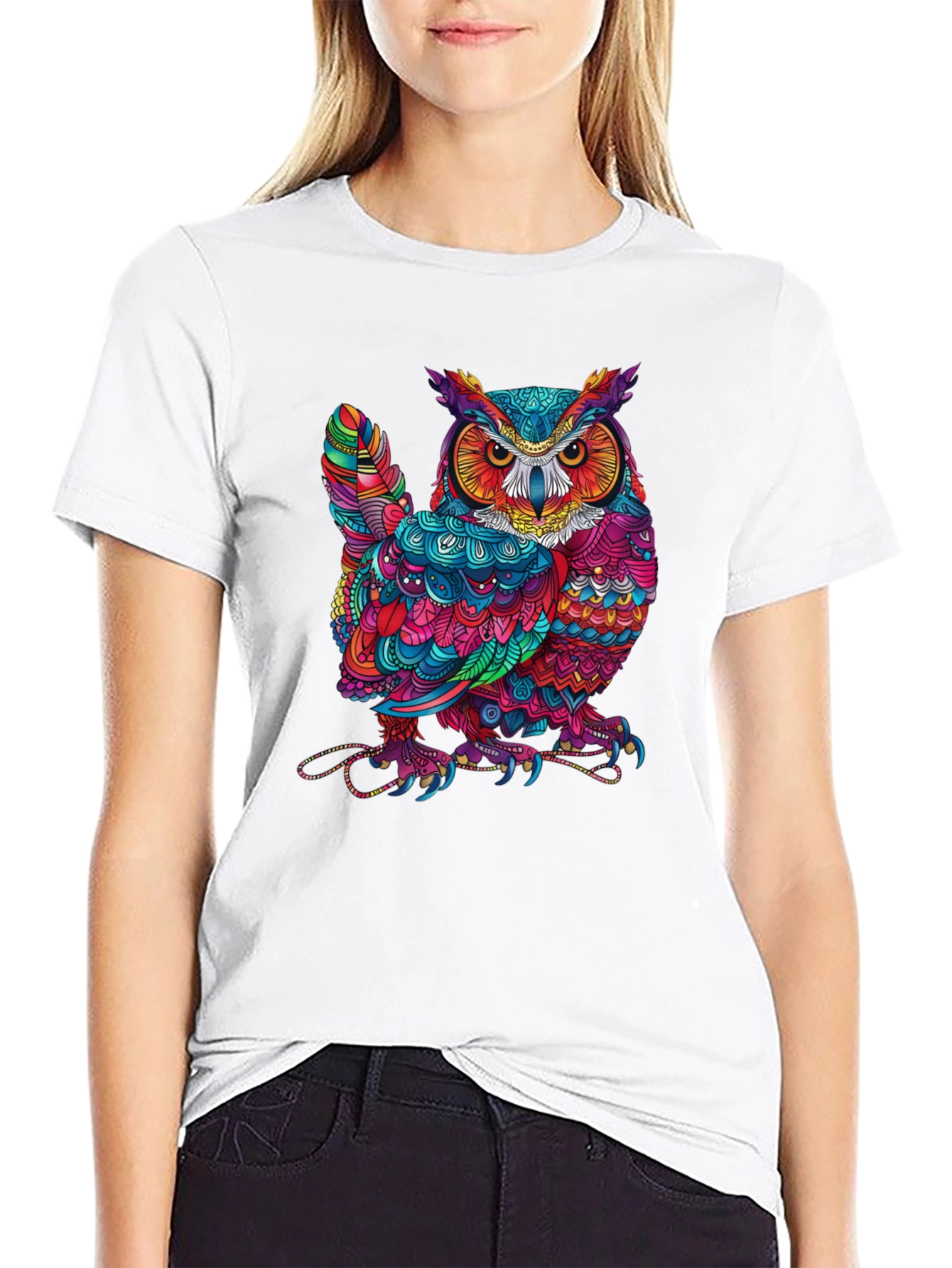 Black Colorful Owl Graphic Print Black T-Shirt view 9