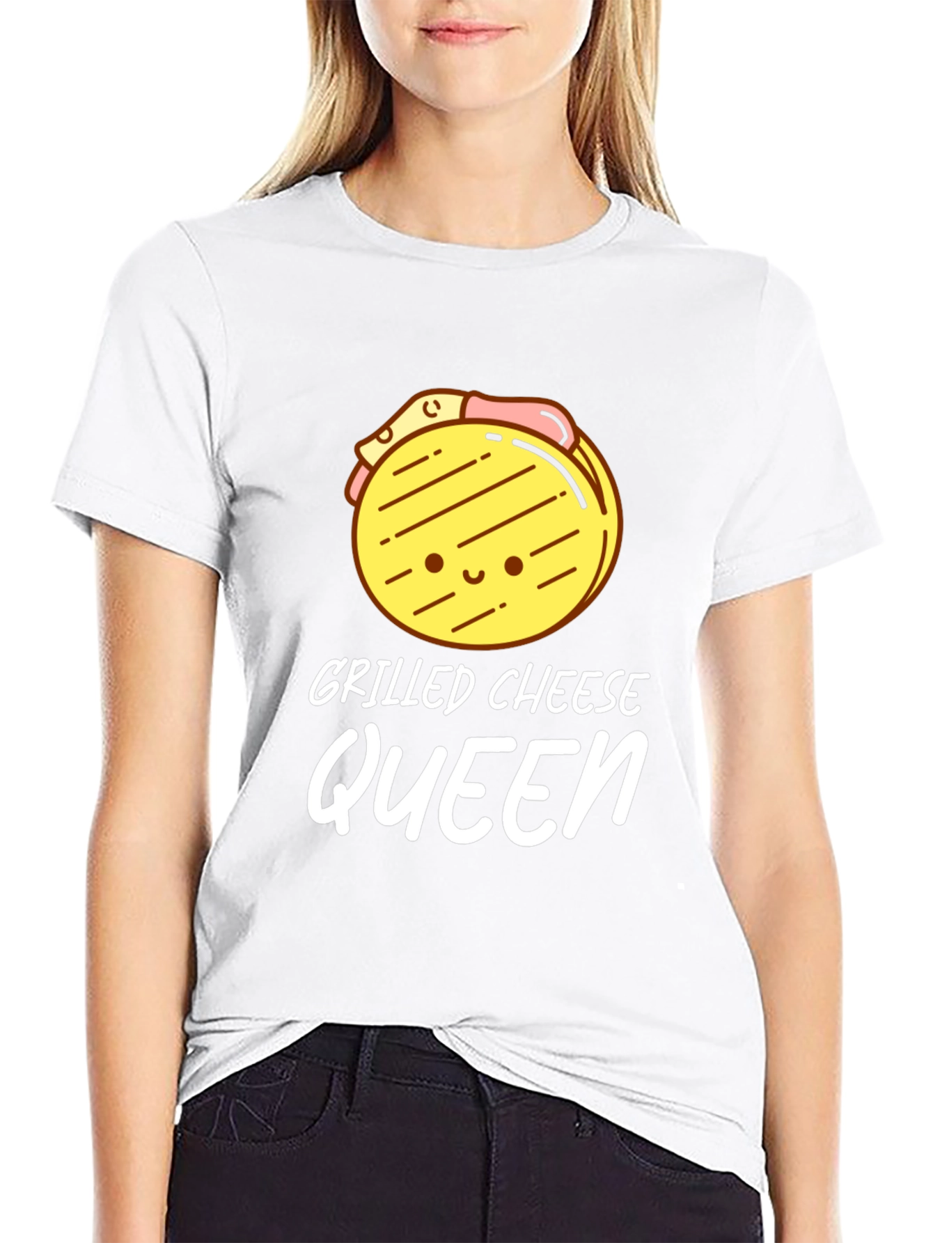 Black Grilled Cheese Queen T-Shirt - Black, Cute Cartoon Design view 9