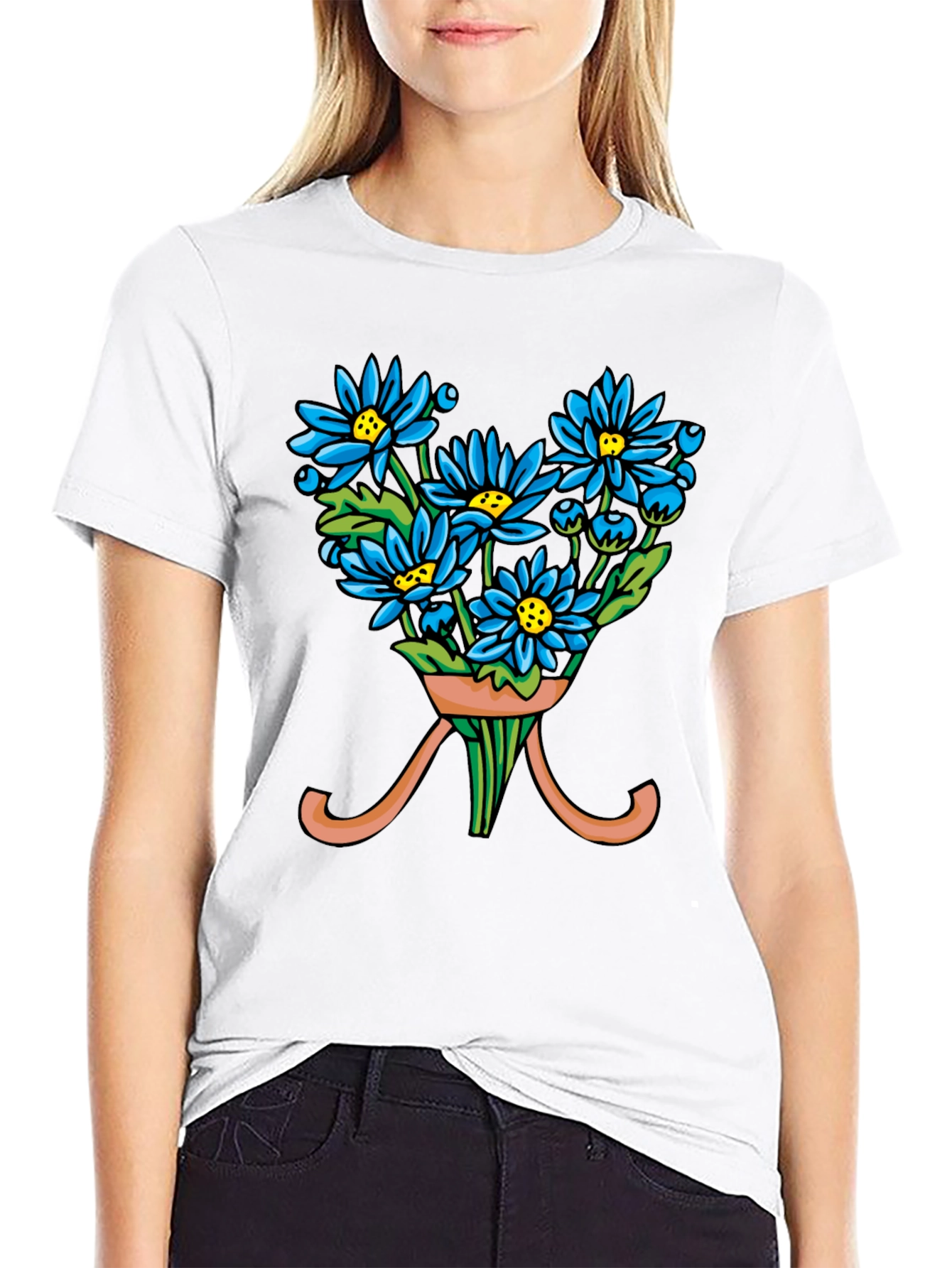 Black Floral Bouquet T-Shirt - Blue Daisy Design view 9