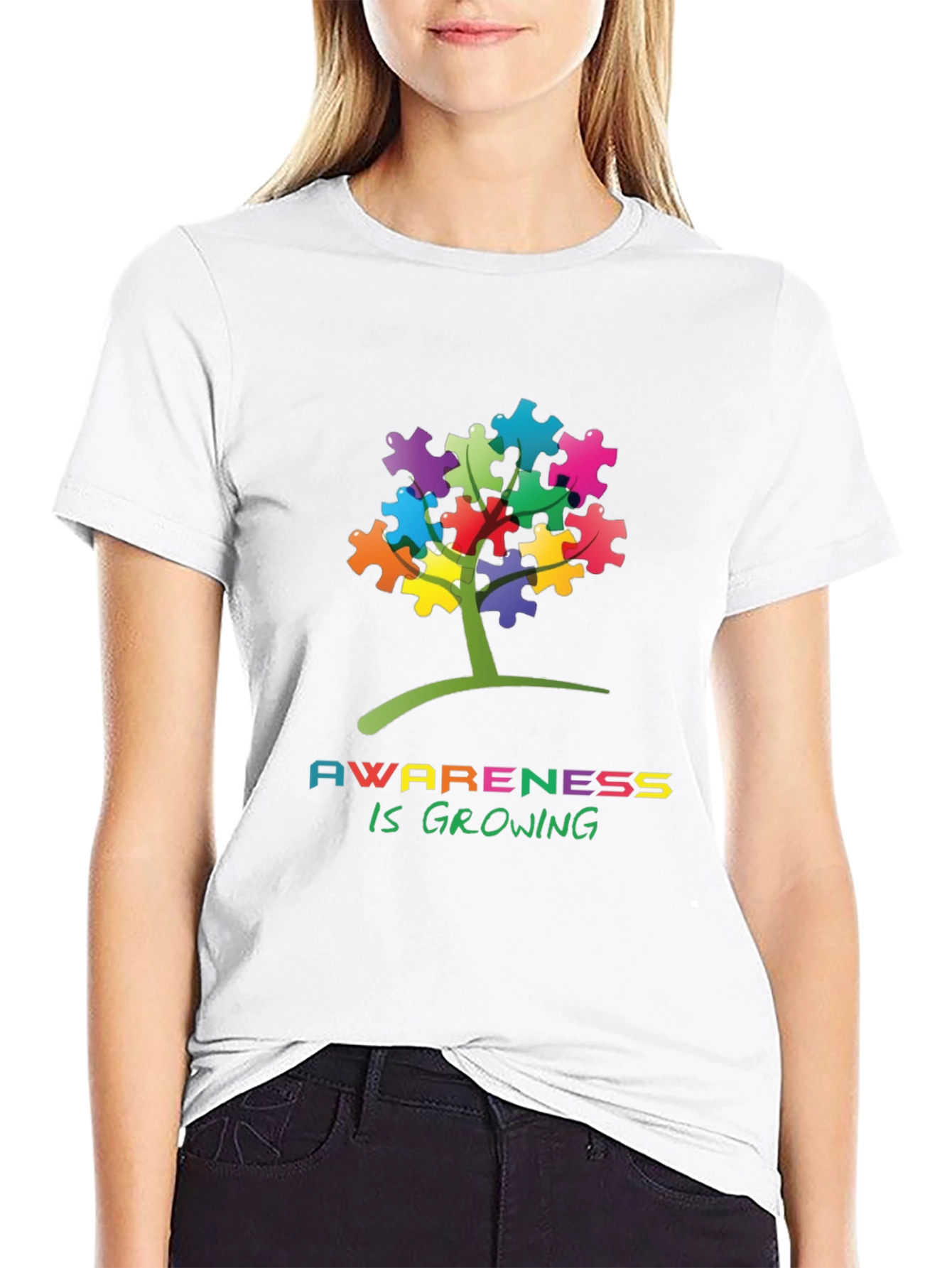 Black Autism Awareness Puzzle Tree T-Shirt view 9