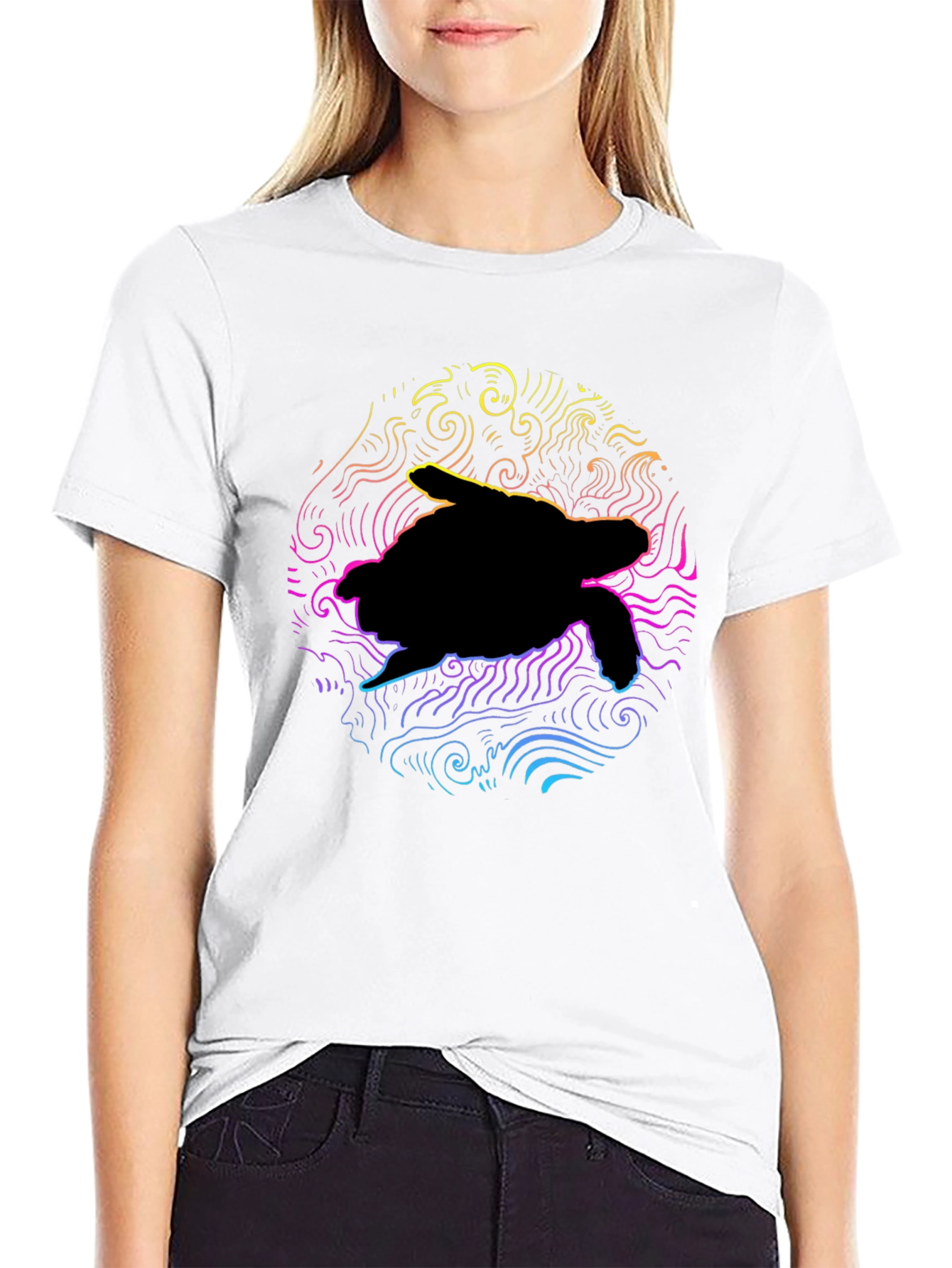 Black Neon Turtle Graphic T-Shirt - Black Cotton Blend view 9