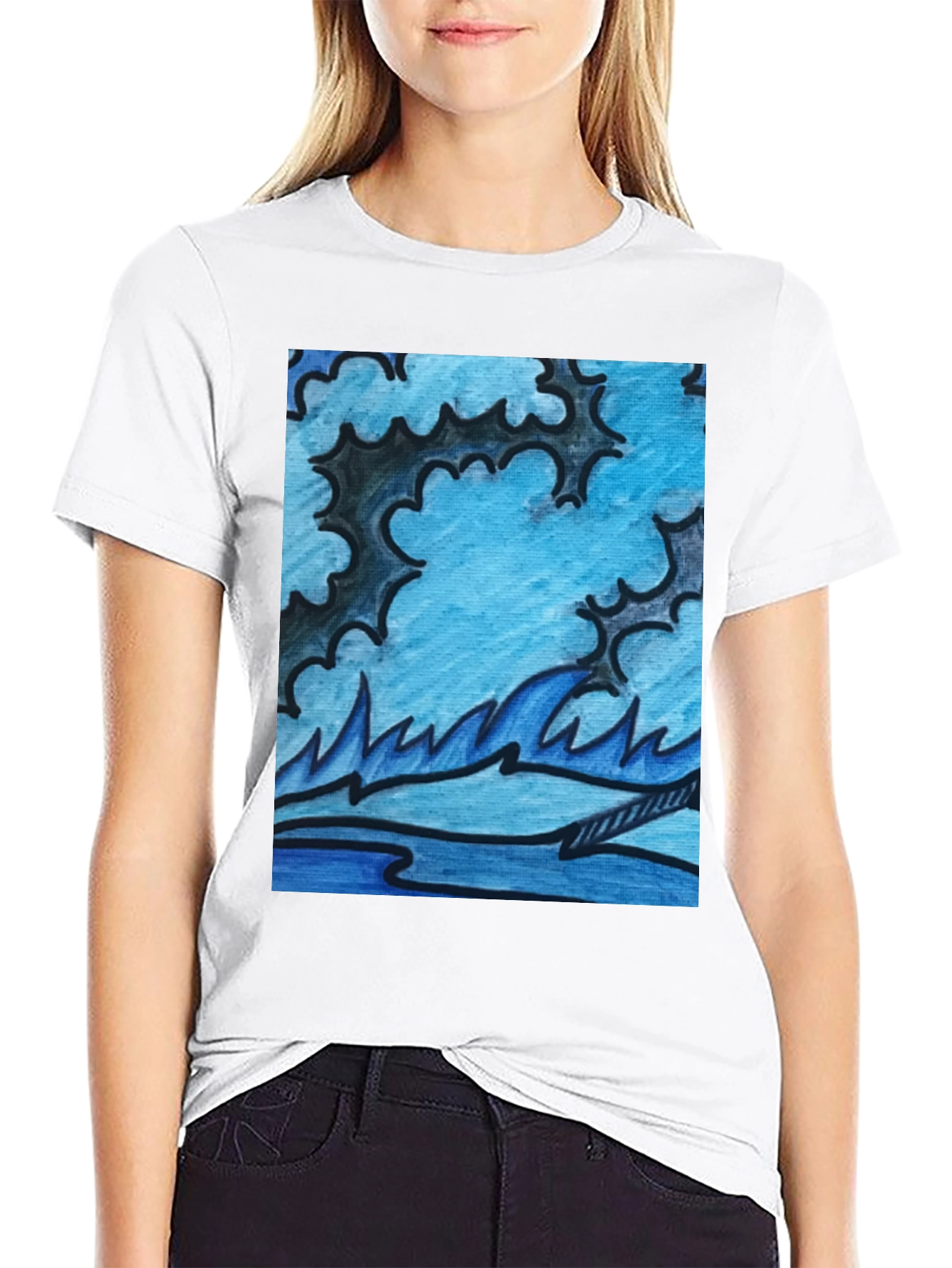 Black Abstract Blue Wave Graphic Black T-Shirt view 9