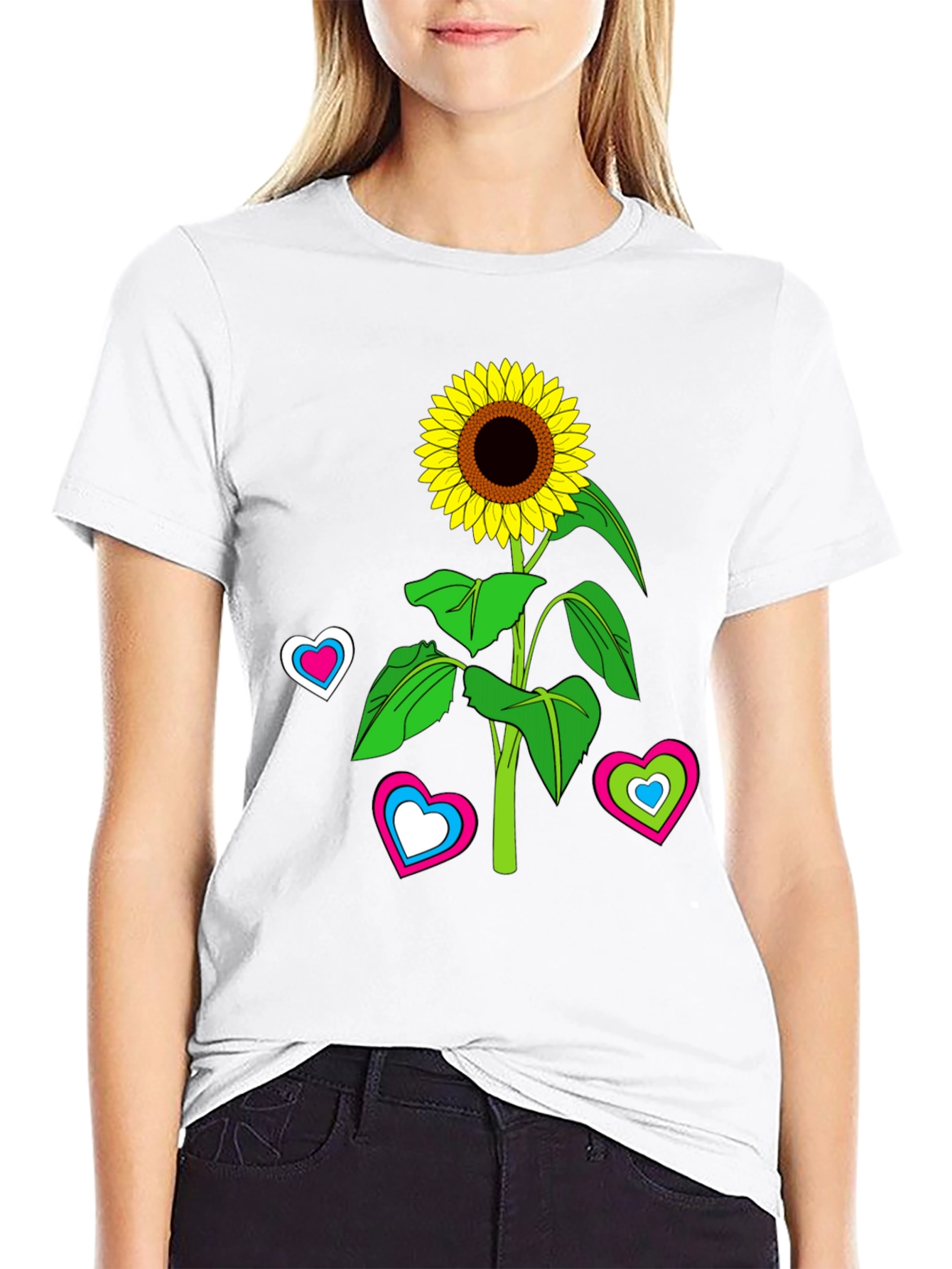 Black Sunflower Heart Graphic Tee - Black Cotton Blend T-Shirt view 9