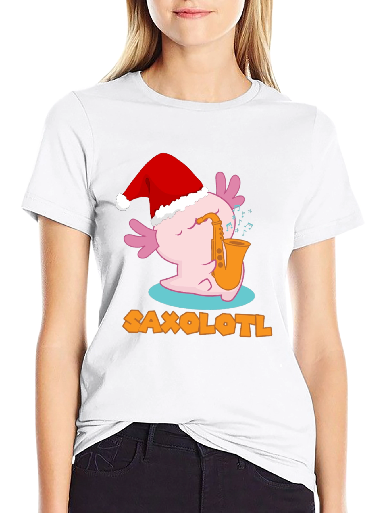 Black Saxolotl Santa Hat Christmas Black T-Shirt view 9