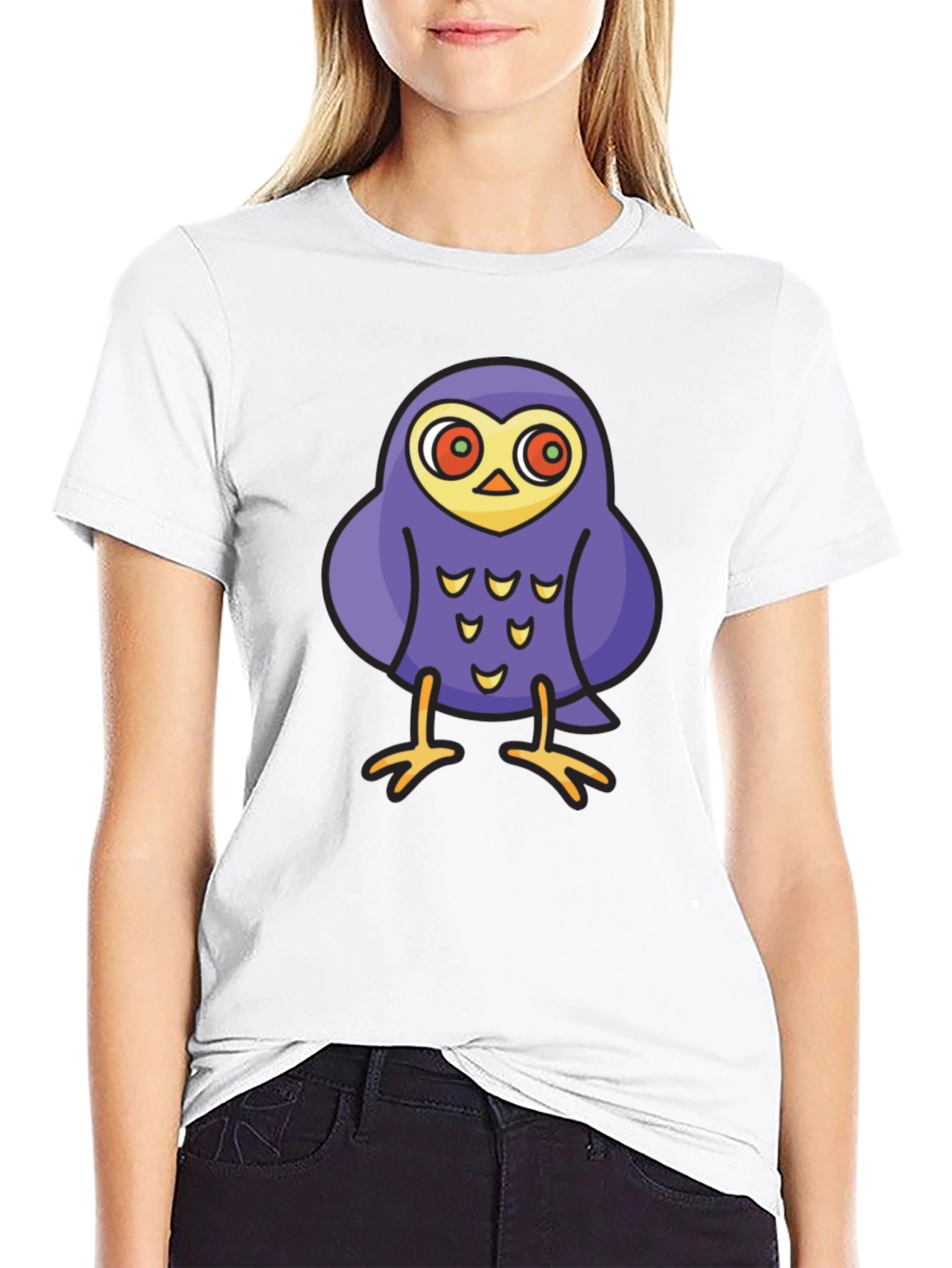 Black Cartoon Owl Graphic Tee - Black Cotton T-Shirt view 9
