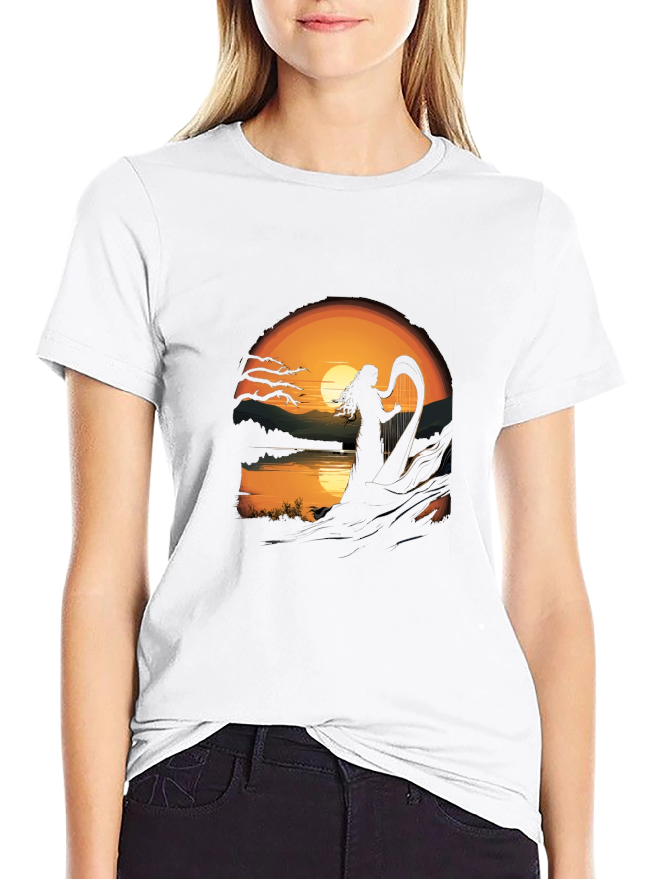 Black Sunset Harpist T-Shirt view 9