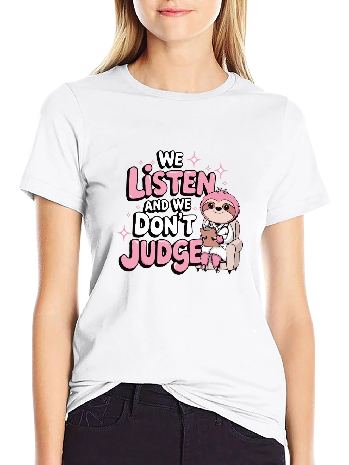 Black Sloth Therapist Graphic T-Shirt - We Listen Don't Judge! view 9
