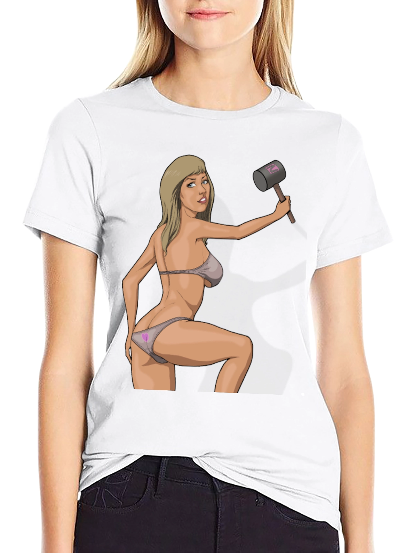 Black Humorous Graphic Tee - Sexy Woman with Hammer view 9