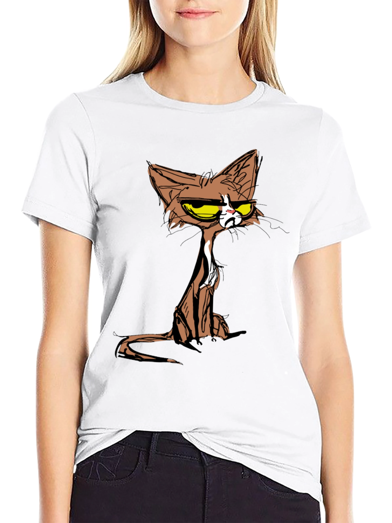 Black Grumpy Cat T-Shirt - Cartoon Style Tee view 9