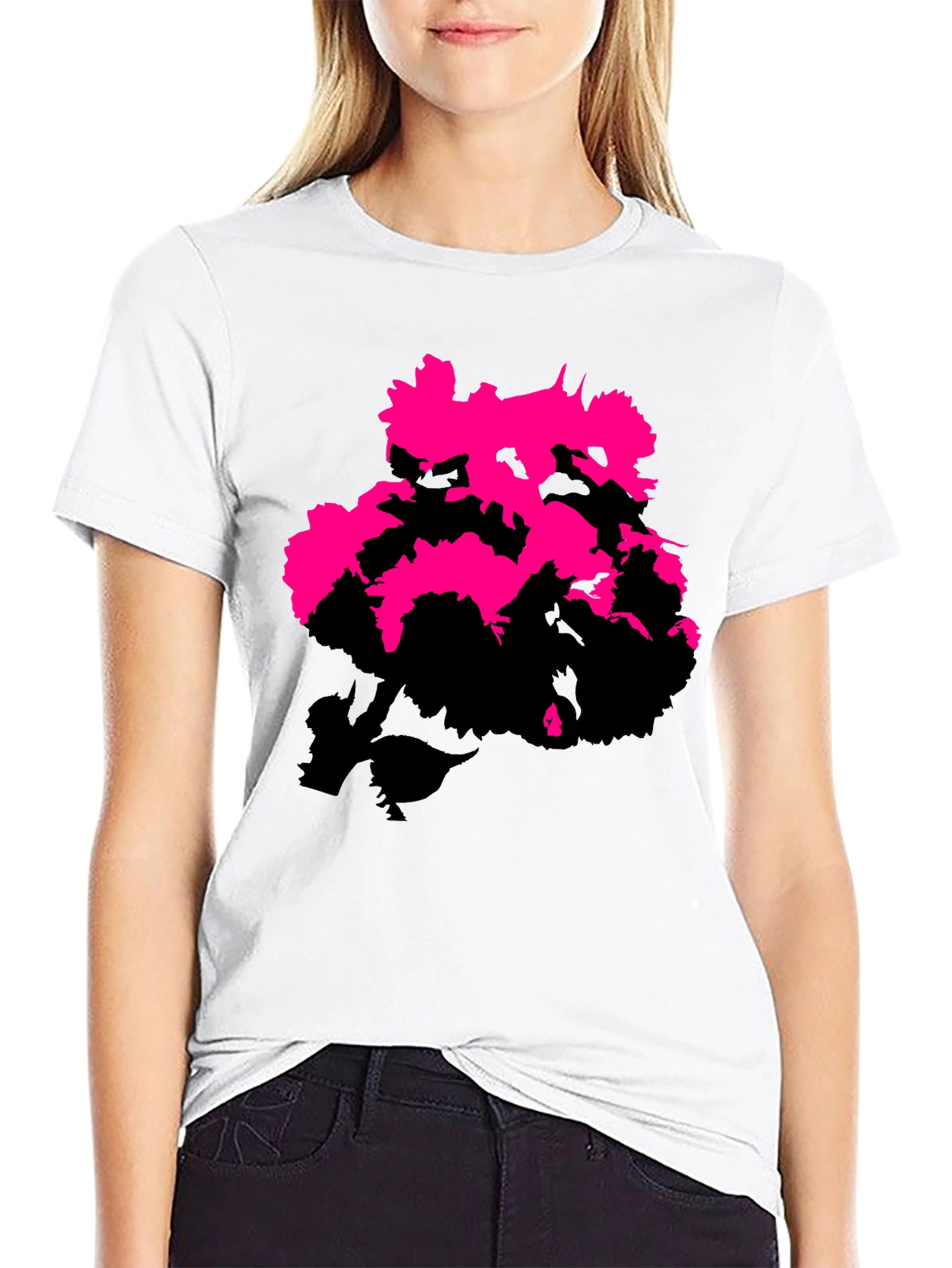 Black Modern Pink Floral Graphic Print Black T-Shirt view 9