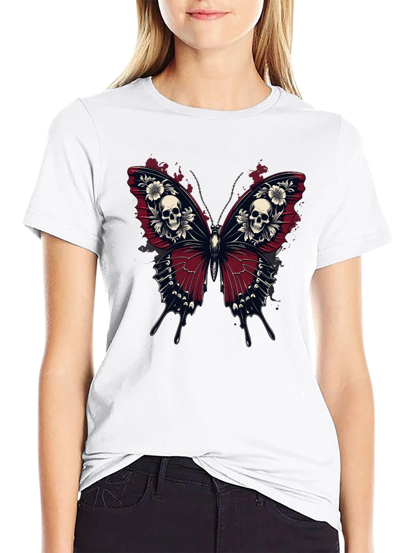Black Skull Butterfly Graphic Tee - Gothic Style Black T-Shirt view 9