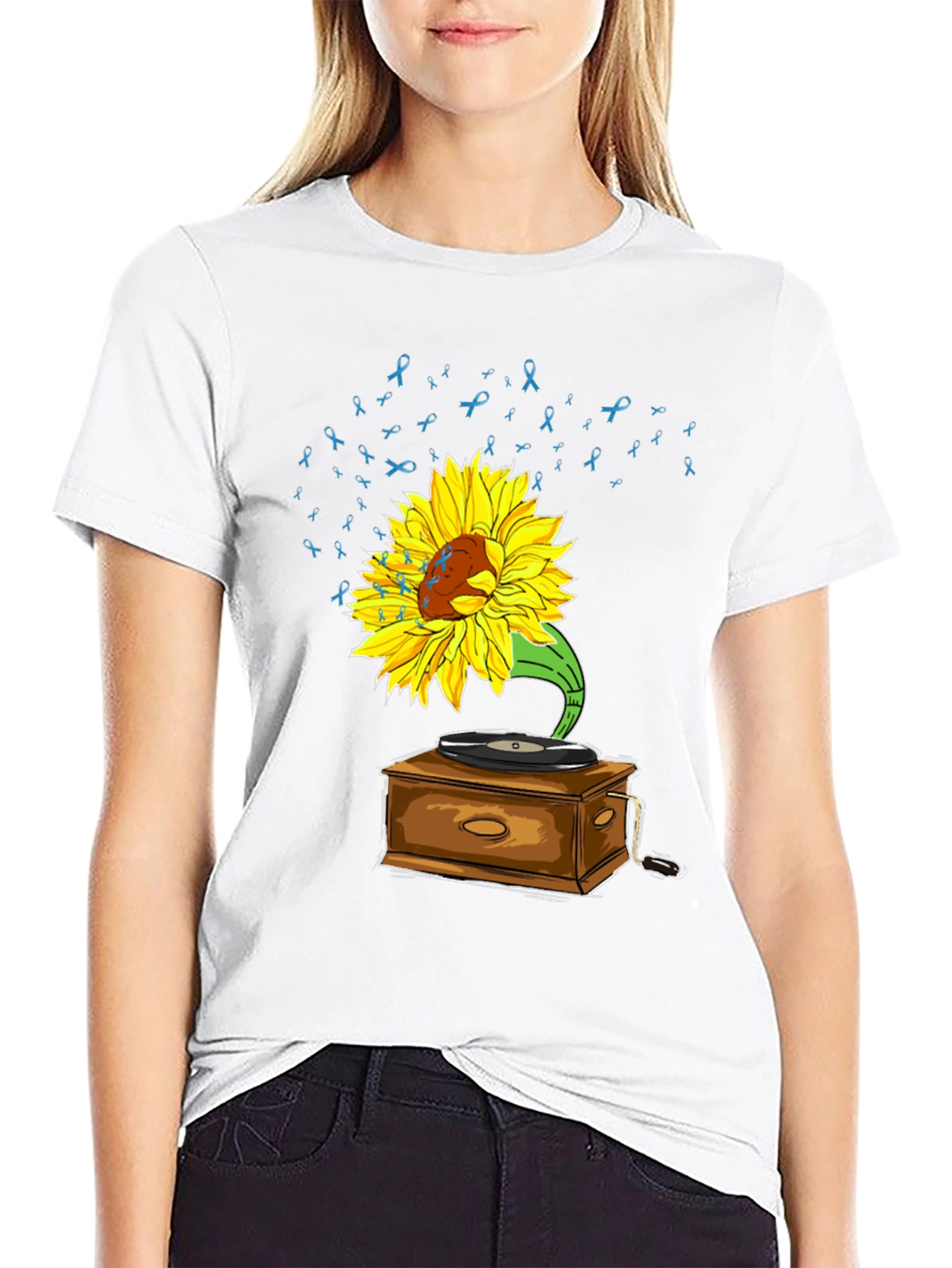 Black Sunflower Gramophone Tee - Awareness Ribbon Music Shirt view 9