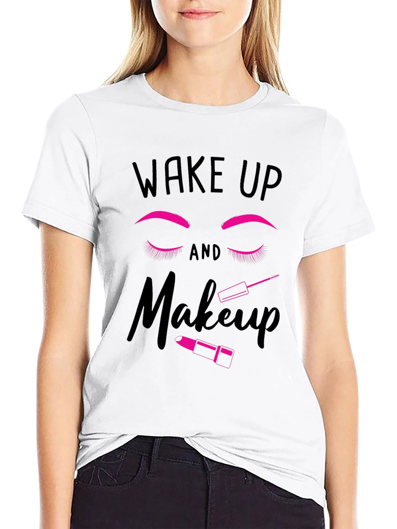 Black Wake Up and Makeup Graphic T-Shirt view 9