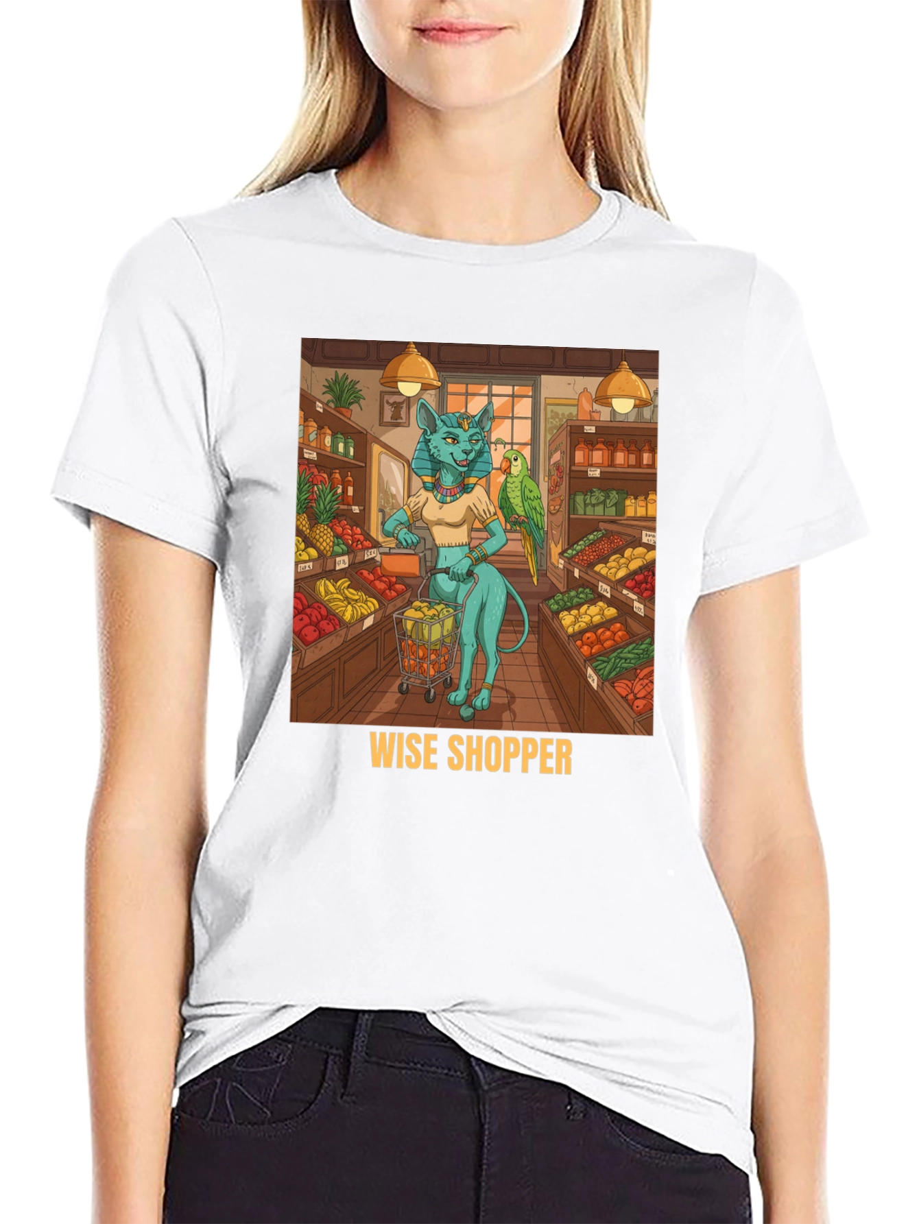 Black Wise Shopper T-Shirt, Cat Goddess, Fruit Market view 9