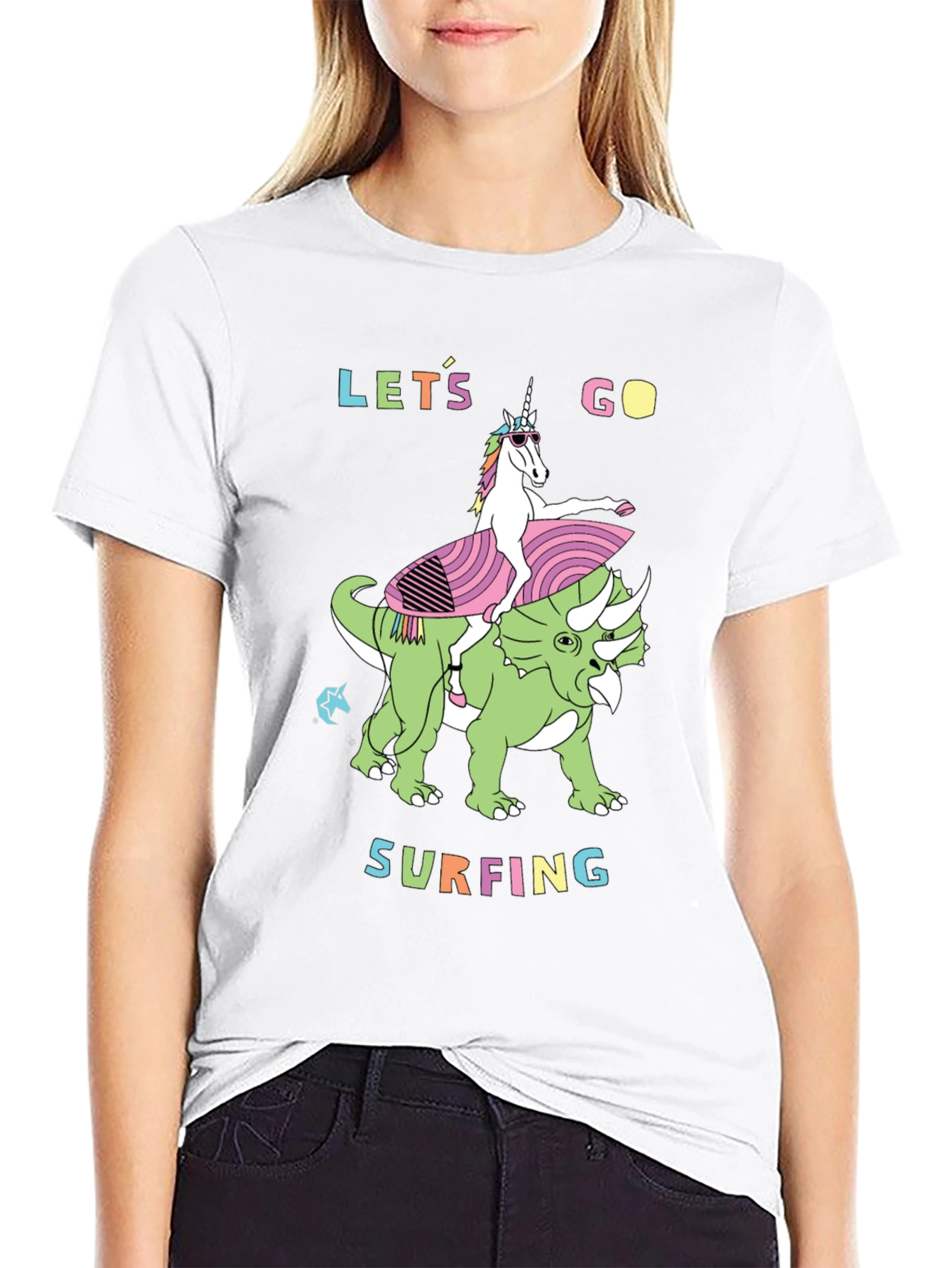 Black Unicorn Riding Dinosaur Graphic Tee - Let's Go Surfing view 9