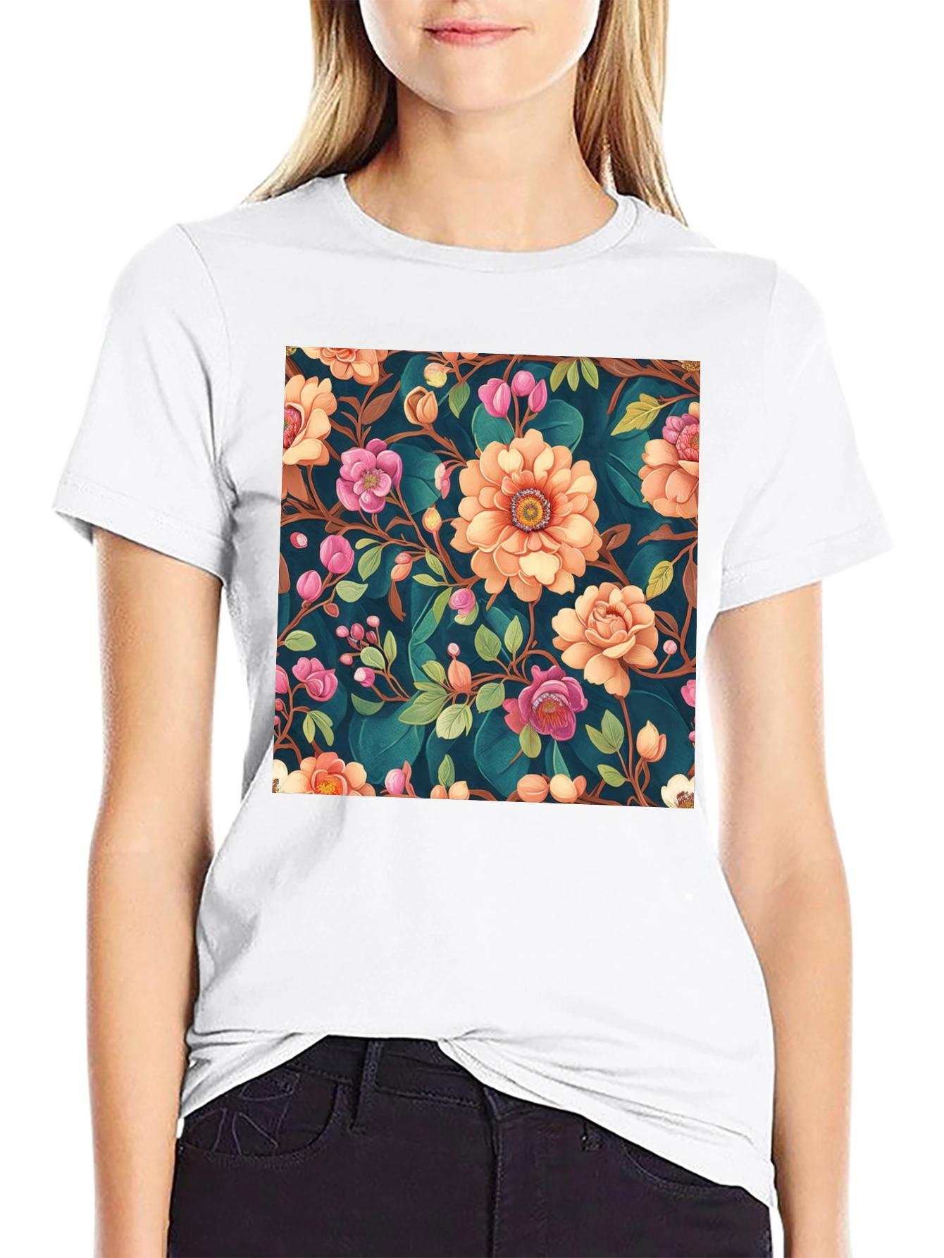 Black Floral Pattern Black T-Shirt: Stylish Print Tee view 9