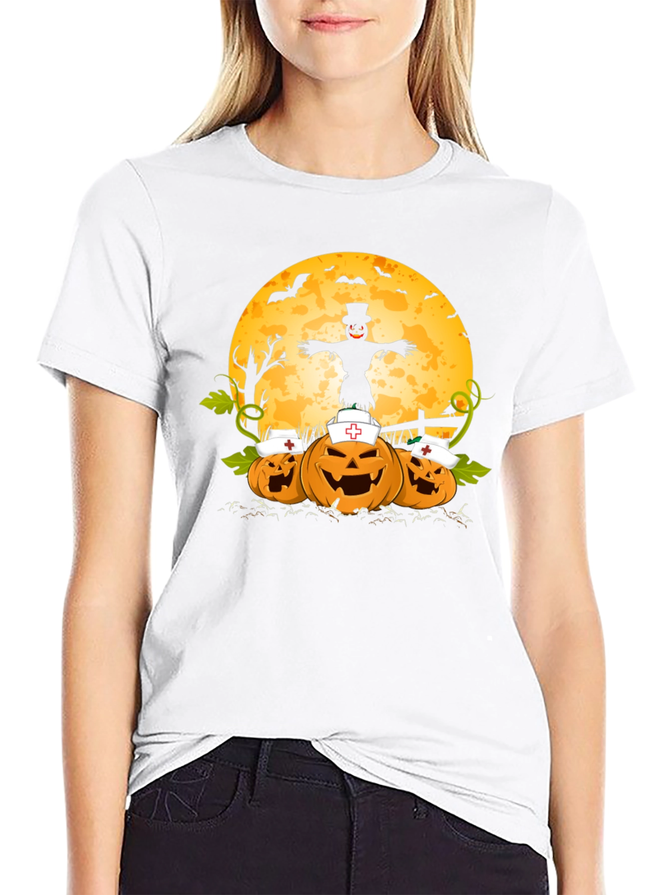 Black Halloween Nurse Pumpkins T-Shirt view 9