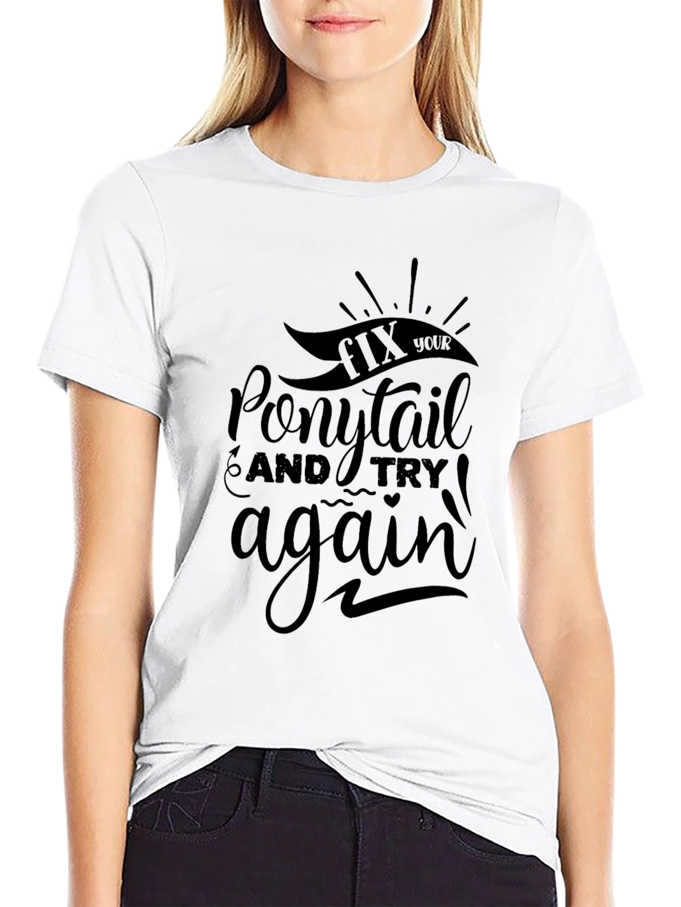 Black Fix Your Ponytail Graphic T-Shirt - Motivational Tee view 9
