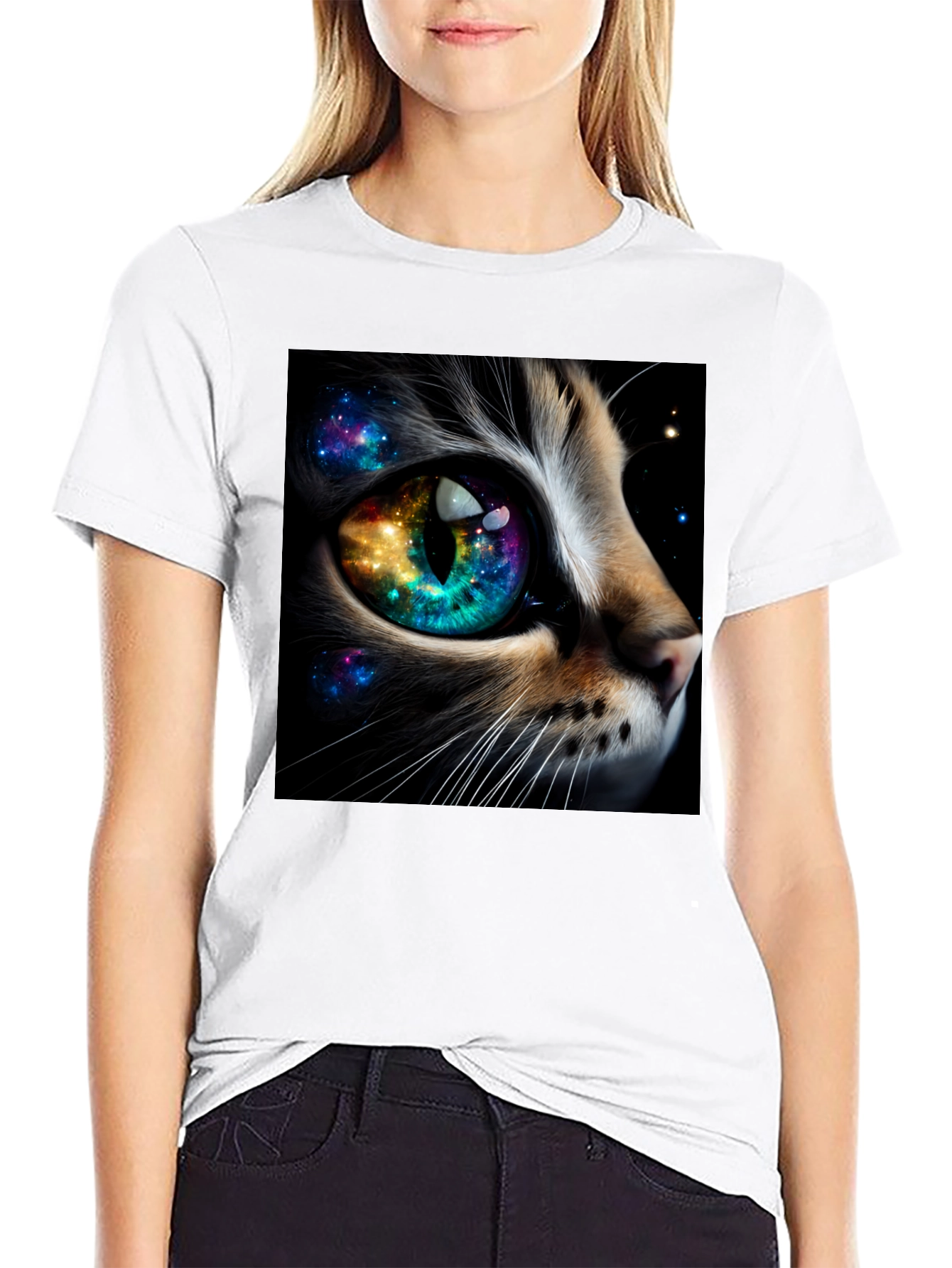 Black Cosmic Cat Eye T-Shirt - Unique Galaxy Design view 9