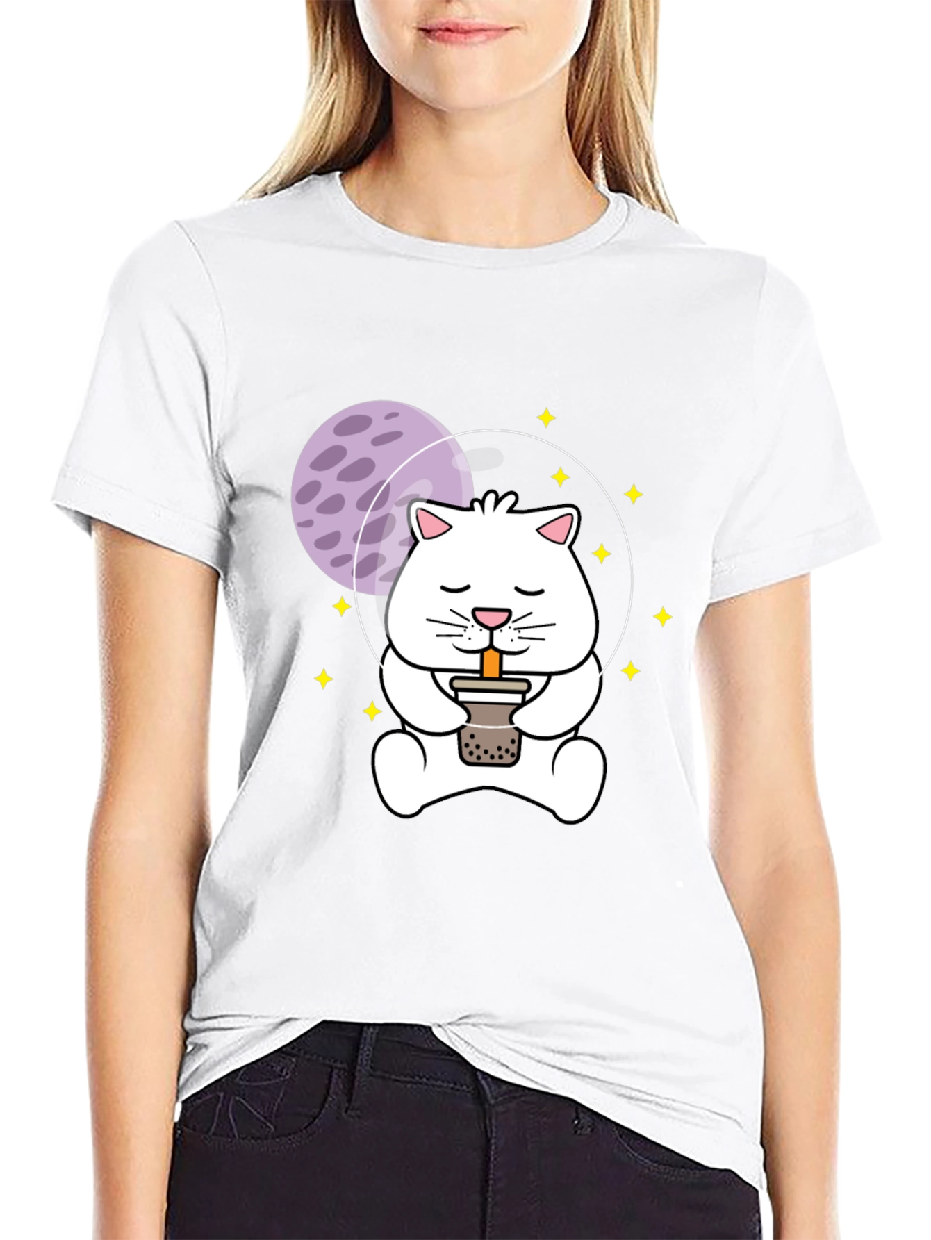 Black Astronaut Cat Boba Tea Graphic T-Shirt view 9