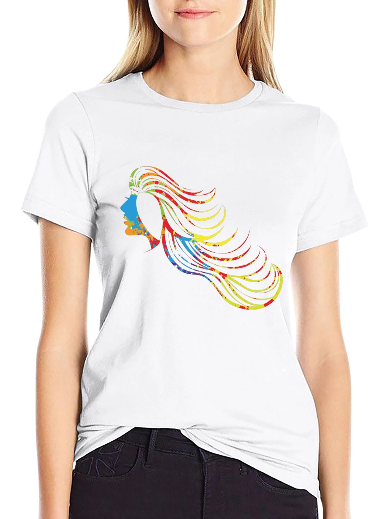 Black Colorful Haired Woman Graphic Black T-Shirt view 9