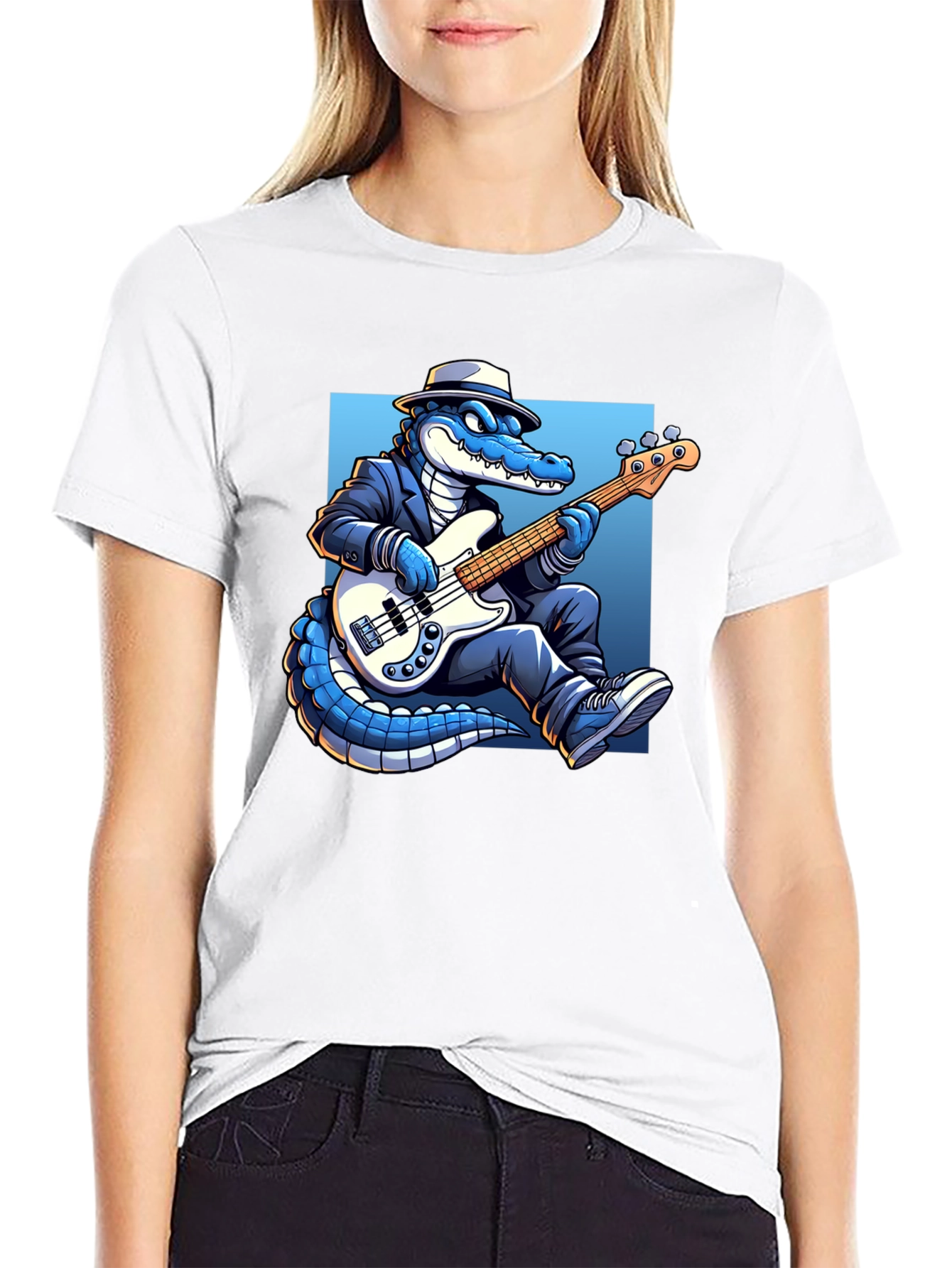 Black Cool Gator Playing Bass Guitar T-Shirt view 9
