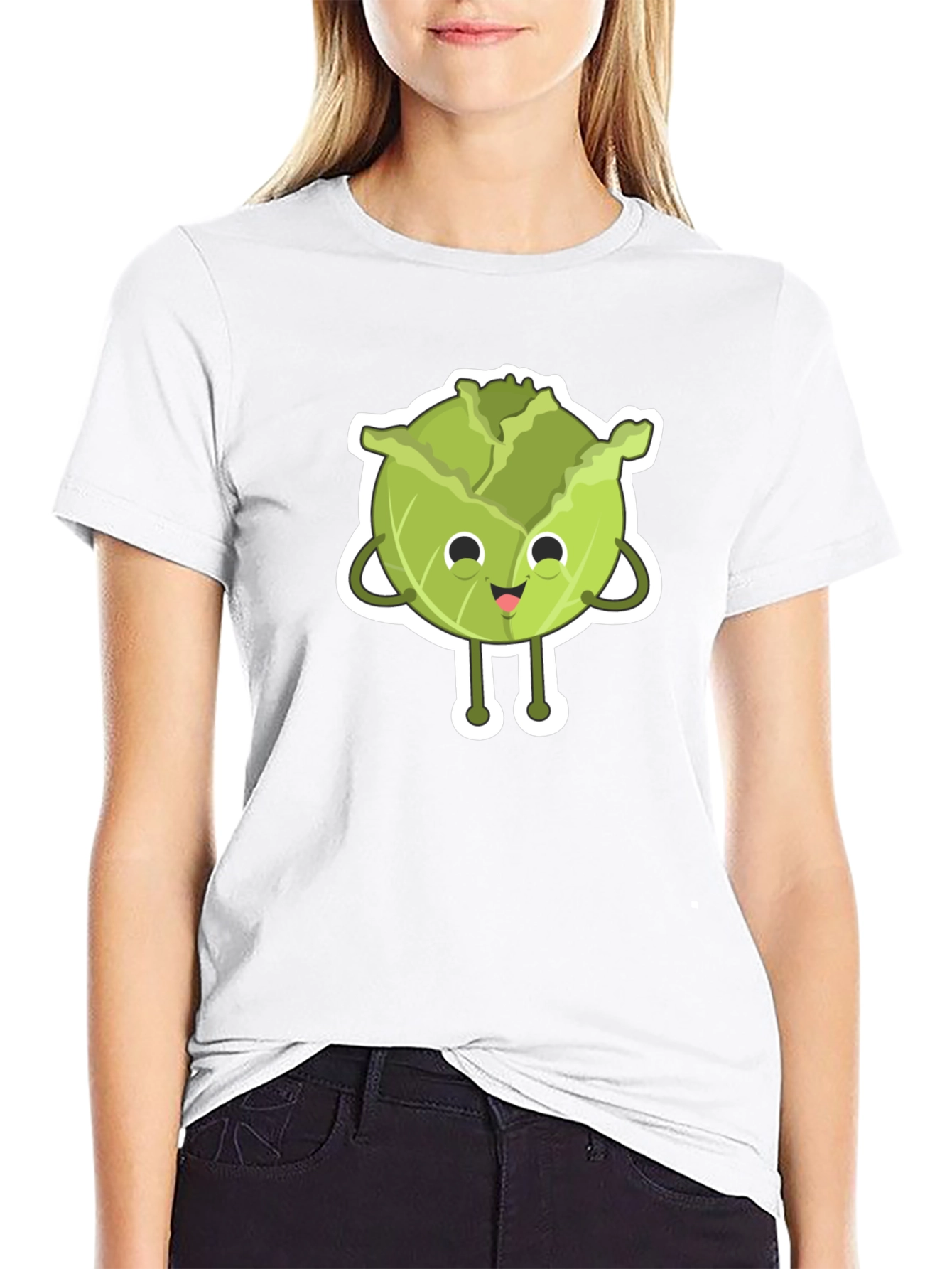 Black Cute Cabbage Cartoon Black T-Shirt view 9
