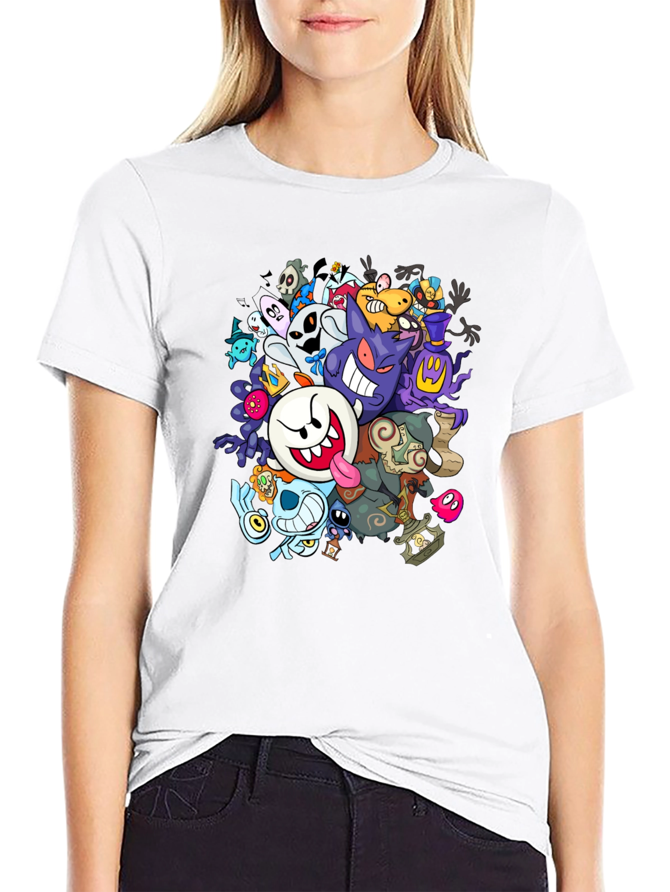 Black Ghostly Gathering T-Shirt: Spooky Cartoon Design view 9