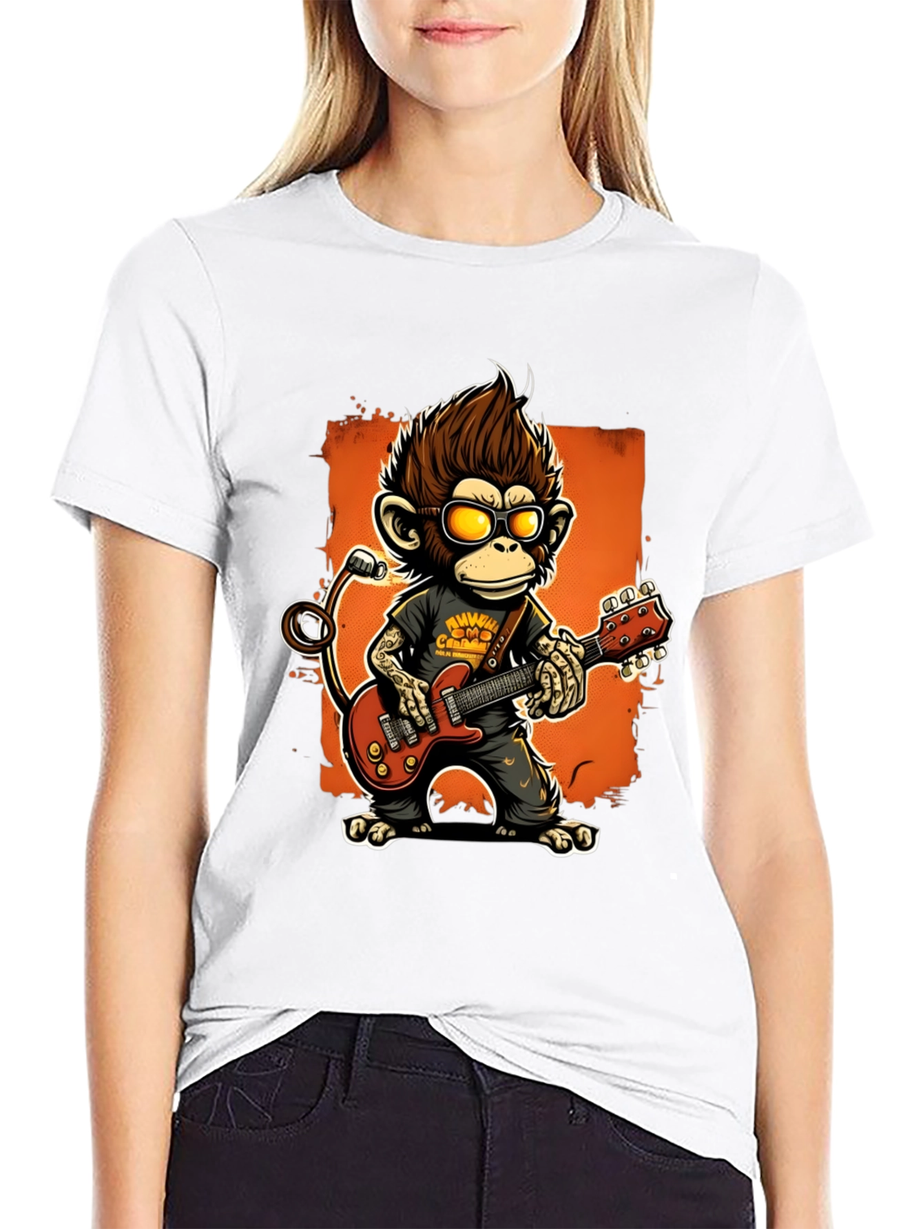 Black Rockin' Monkey Guitarist Graphic Tee view 9