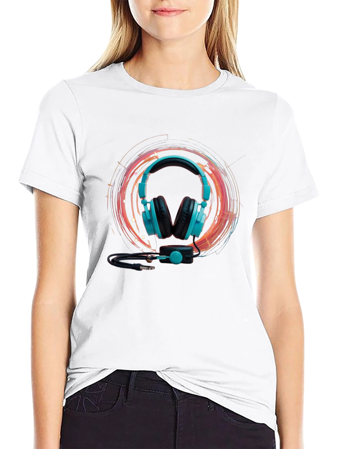 Black Cool Headphone Graphic Black Tee view 9