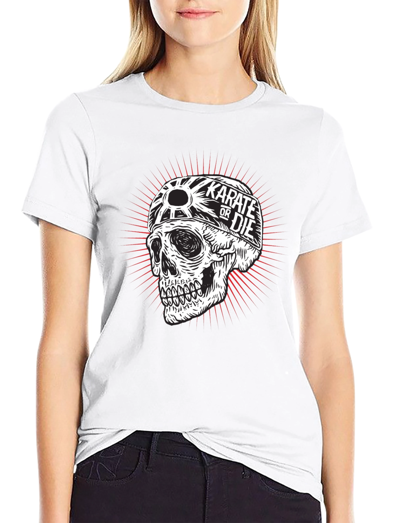 Black Karate or Die Skull Graphic Tee - Black Cotton T-Shirt view 9