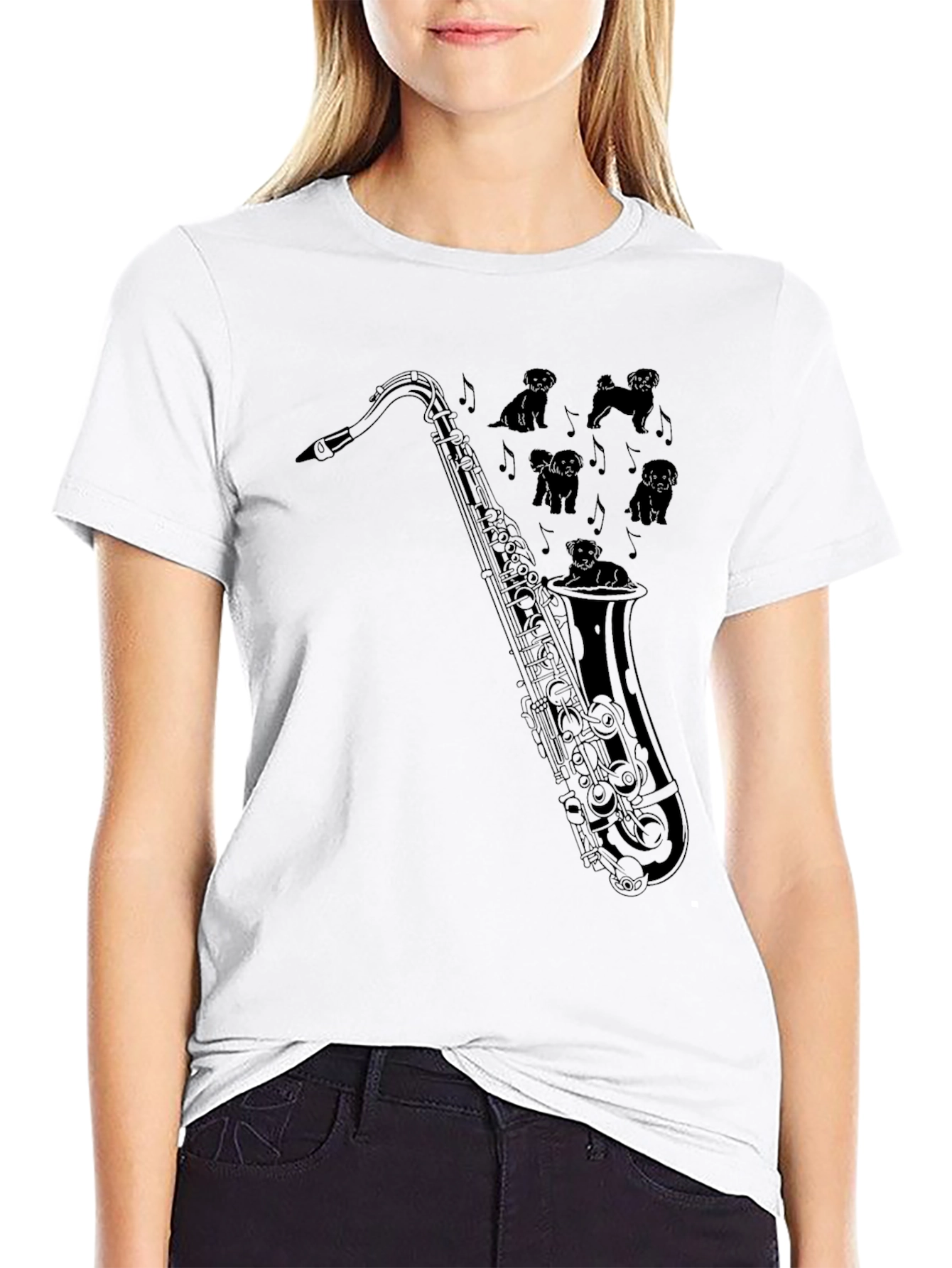 Black Saxophone Dogs Graphic Tee - Black Cotton T-Shirt view 9