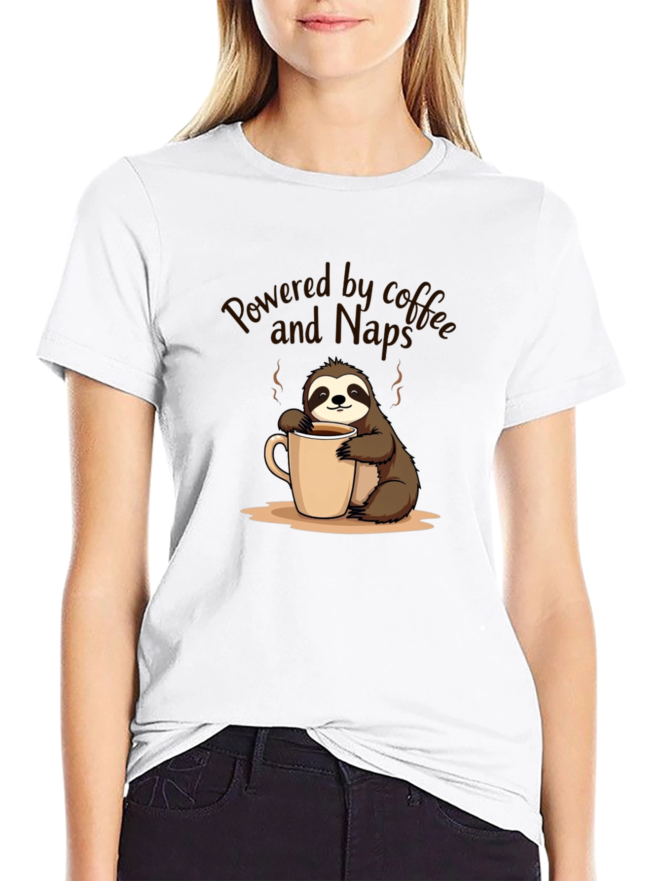 Black Powered by Coffee and Naps Sloth T-Shirt view 9